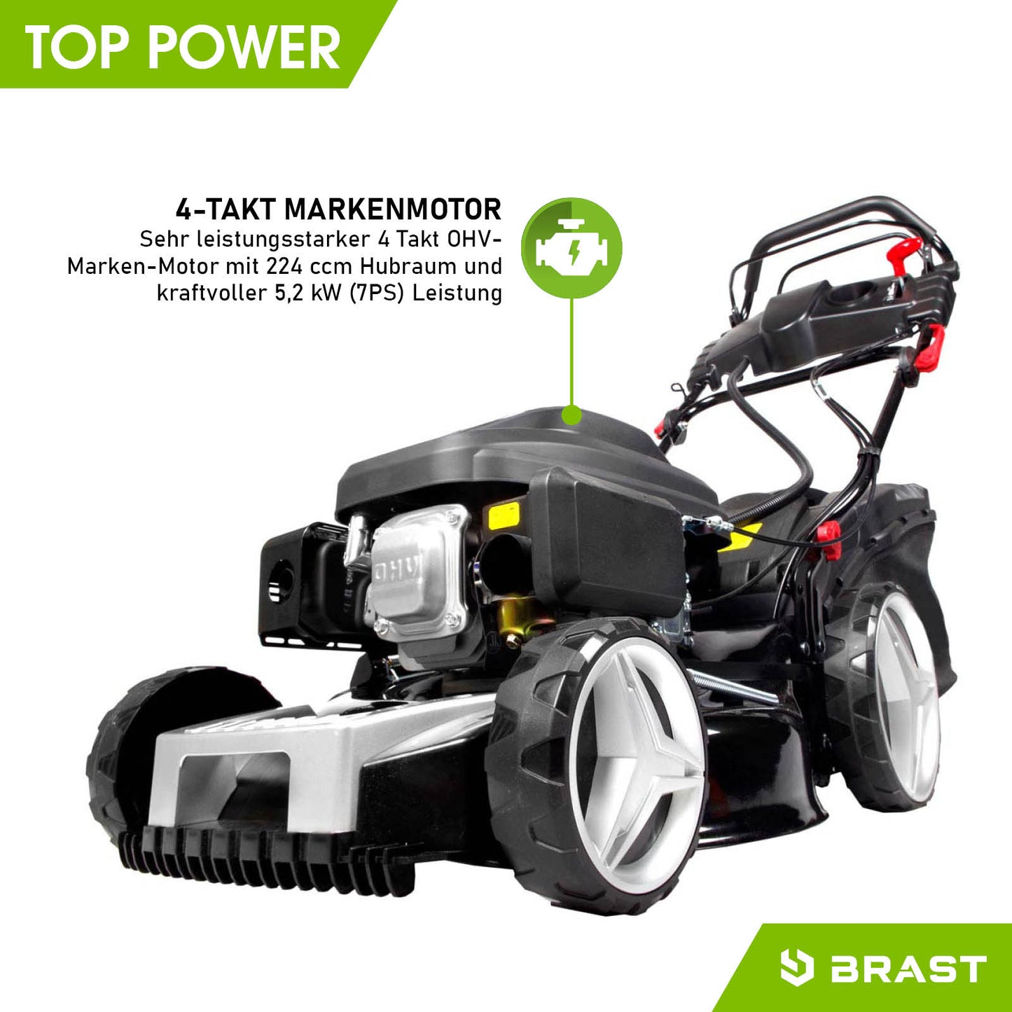 Schwarzer Benzinrasenmäher mit großem Motor, Elektrostart und verstellbarem Griff.