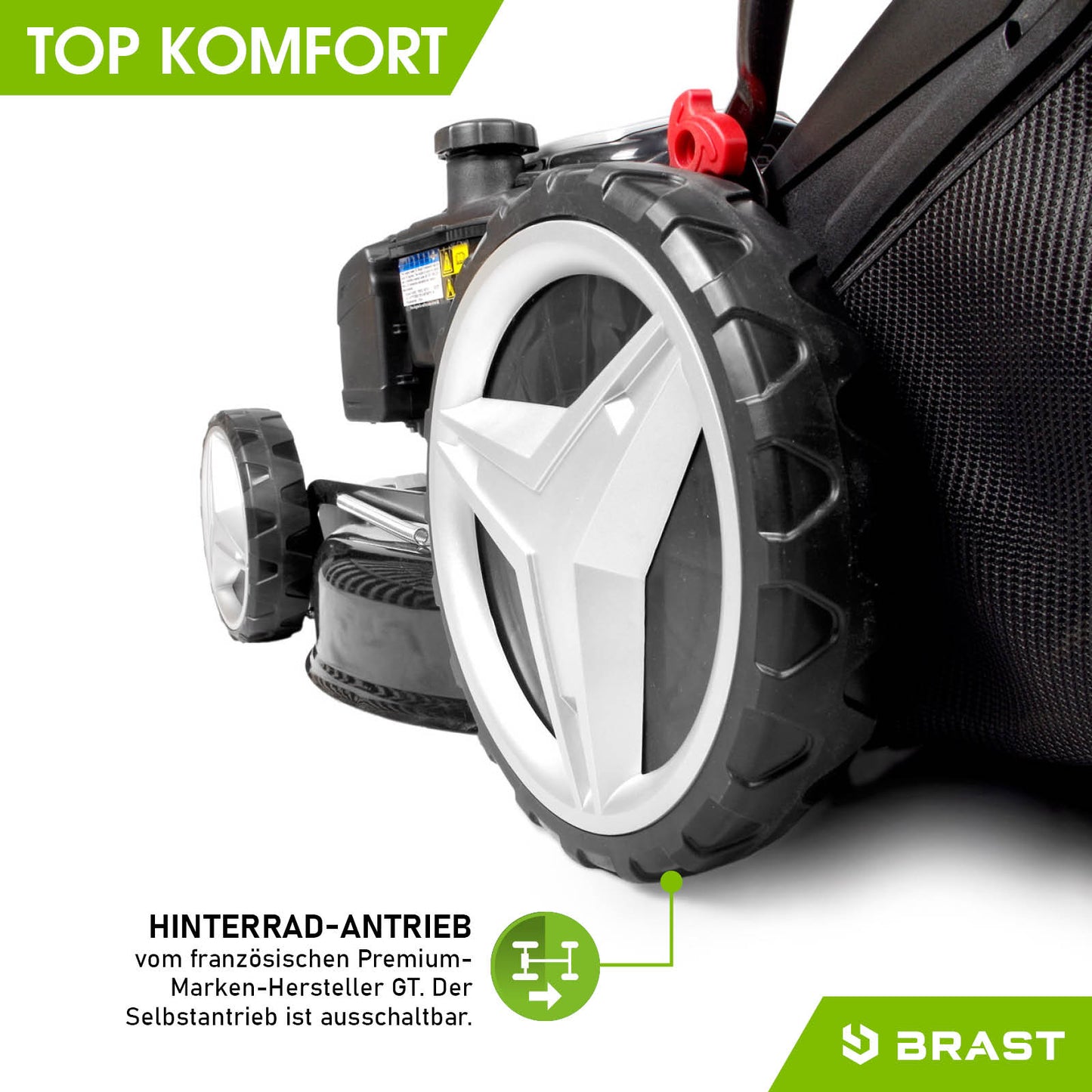 Schwarzer Benzinrasenmäher mit großem Hinterradantrieb, robuster Fangkorb und Elektrostartfunktion.