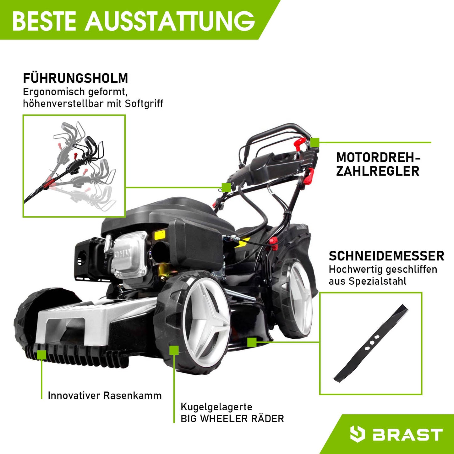 Schwarzer Benzin Rasenmäher mit Elektrostart, höhenverstellbarem Führungsholm und Radantrieb.