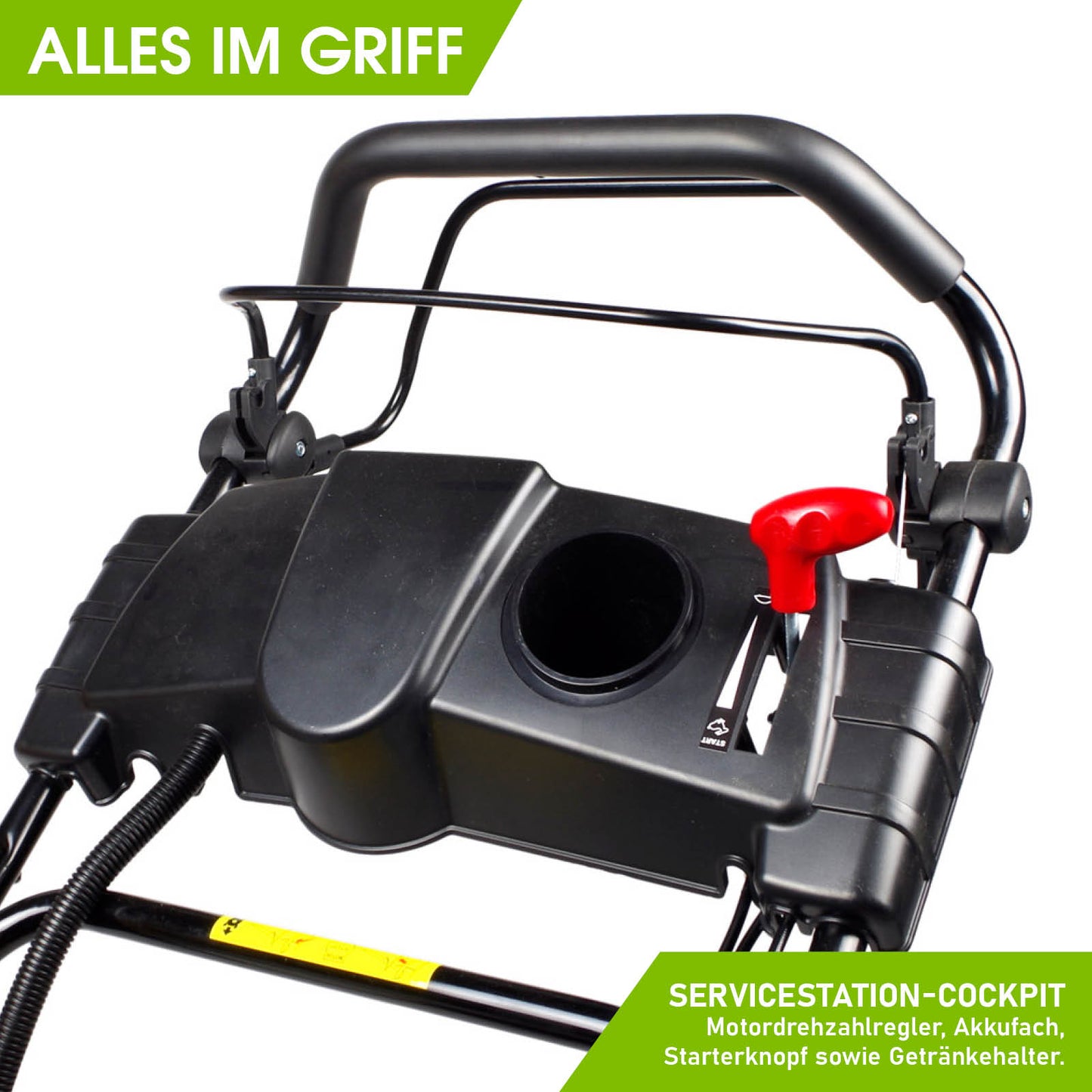 Nahaufnahme Cockpit mit rotem Elektrostartknopf und schwarzem Griff am Benzin Rasenmäher.