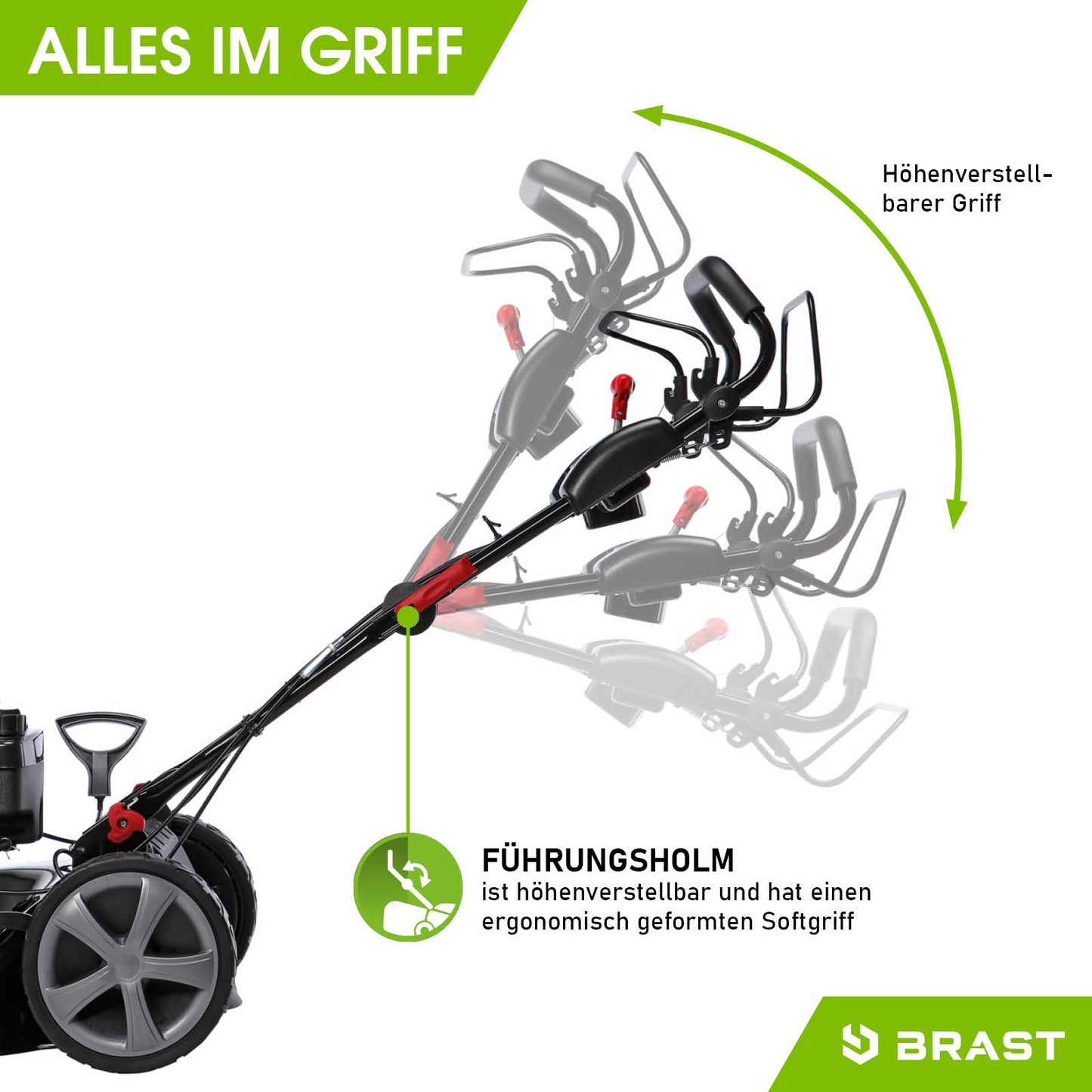 Benzin-Rasenmäher mit höhenverstellbarem Führungsholm und ergonomischem Softgriff in Schwarz und Rot.