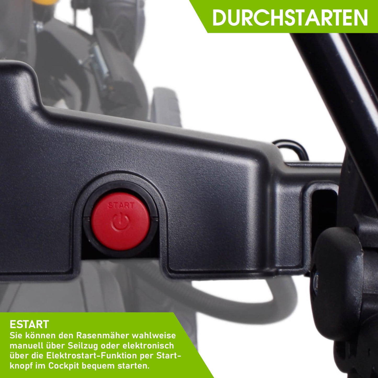 Roter Startknopf am Griff eines schwarzen Benzin-Rasenmähers mit Elektrostartfunktion.