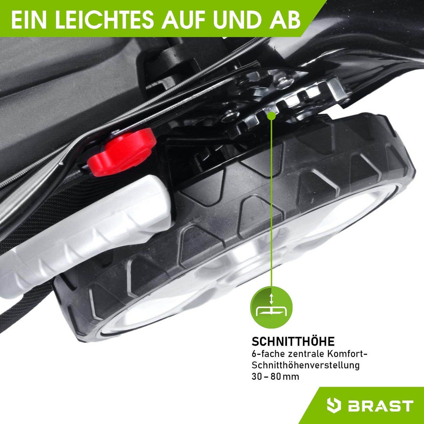 Schwarzer Benzin-Rasenmäher mit großem Rad und rotem Hebel zur Schnitthöhenverstellung von 30 bis 80 mm.