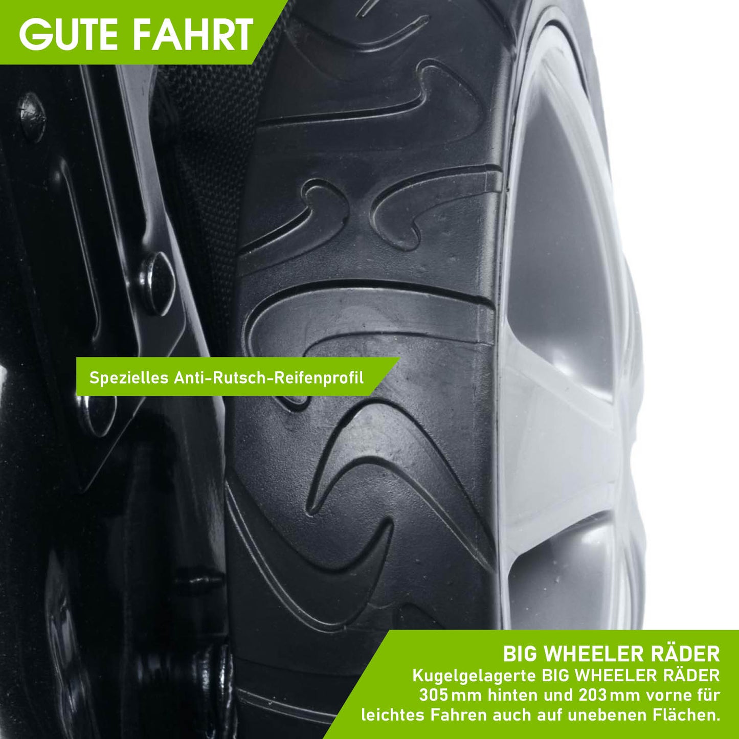Nahaufnahme eines großen, schwarzen Rasenmäherreifens mit speziellem Anti-Rutsch-Profil und grauer Felge.