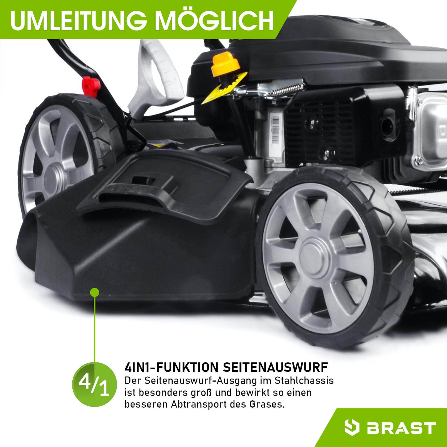 Schwarzer Benzin-Rasenmäher mit großem Hinterrad und Seitenauswurfaufsatz, Elektrostart, modernes Design.