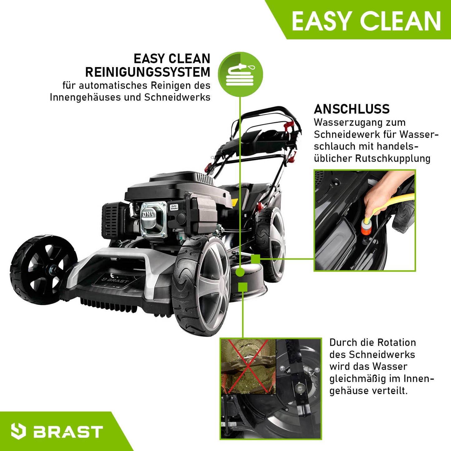 Schwarzer BRAST Benzin-Rasenmäher mit Elektrostart, großem Fangkorb und Seitenauswurf, Easy-Clean-Reinigungssystem und.