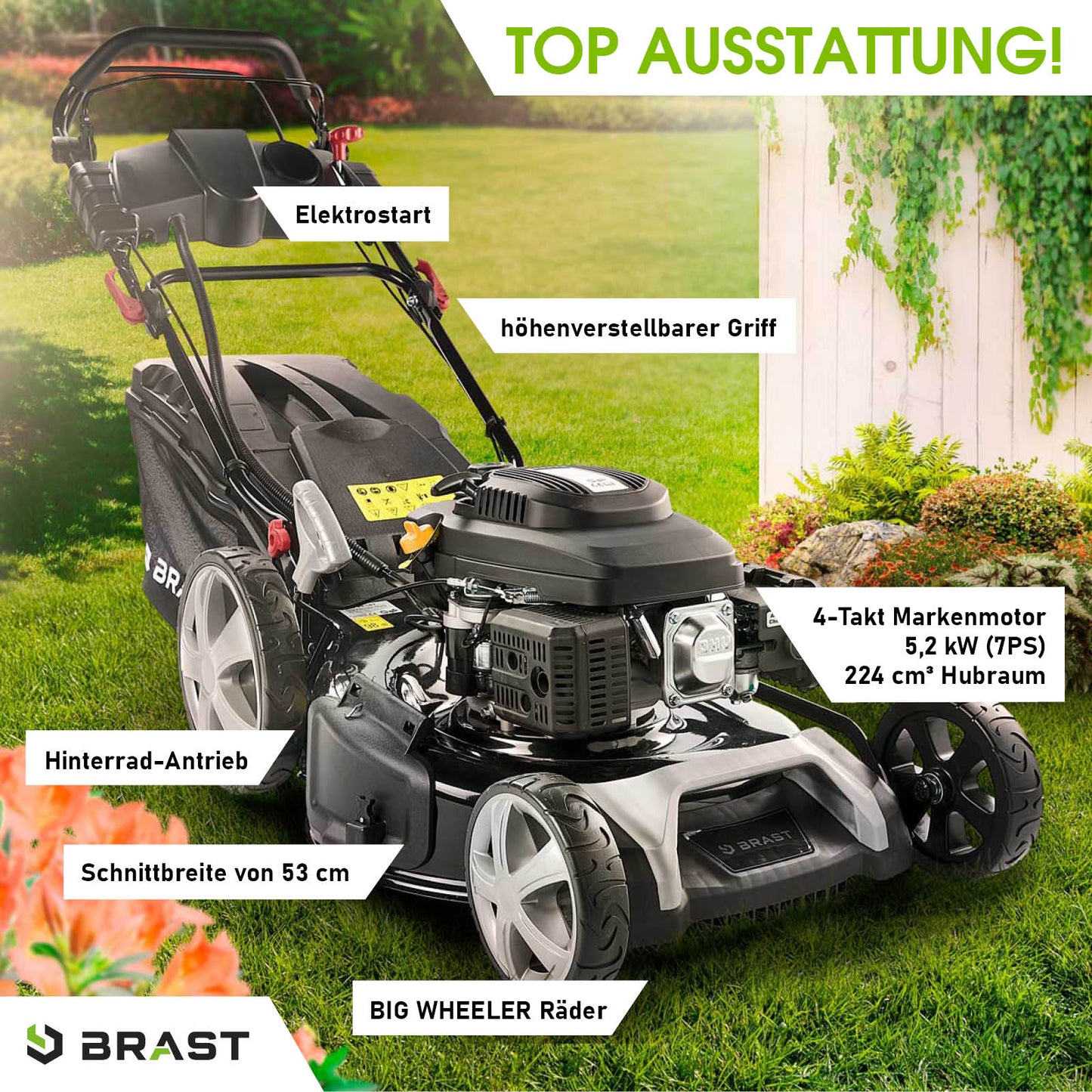 Schwarzer Benzin-Rasenmäher mit Elektrostart, höhenverstellbarem Griff, 53 cm Schnittbreite und Big Wheeler Rädern.