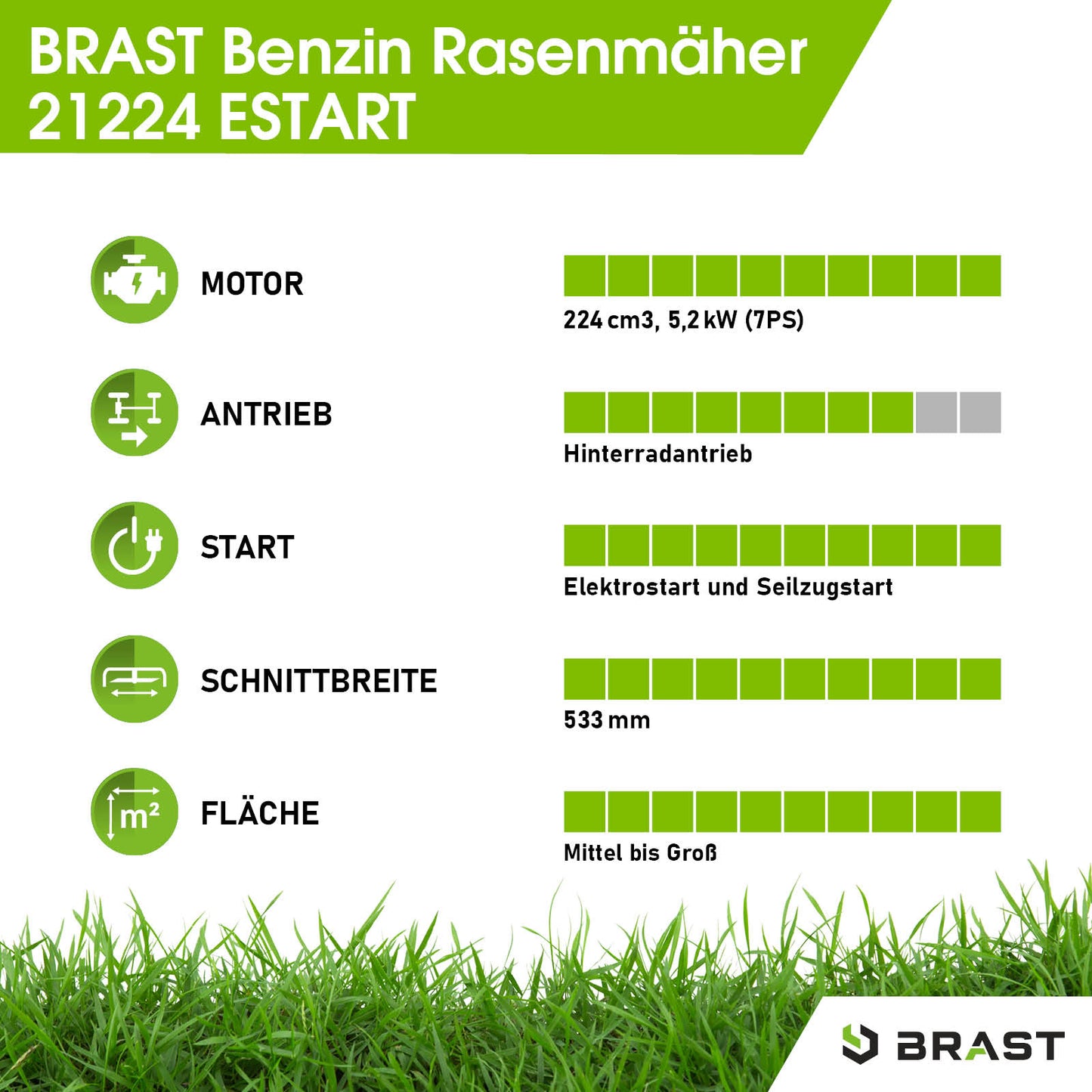 Grüner Benzinrasenmäher BRAST 21224 ESTART mit Elektrostart, Hinterradantrieb und 53,3 cm Schnittbreite.