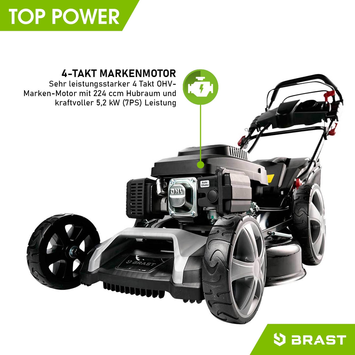 Schwarzer Benzinrasenmäher mit großem 4-Takt-Motor, Elektrostart, Radantrieb und ergonomischem Griff.