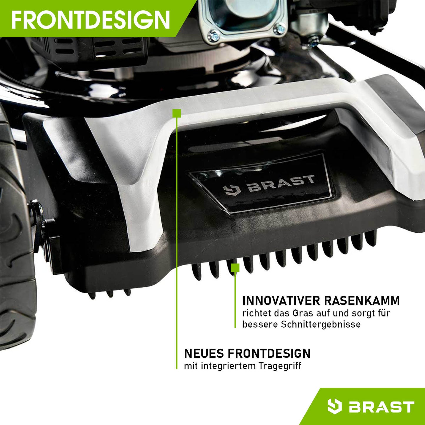 Schwarzer Benzinrasenmäher mit weißem Frontdesign und integriertem Grasfangkorb, sichtbarer Markenmotor.
