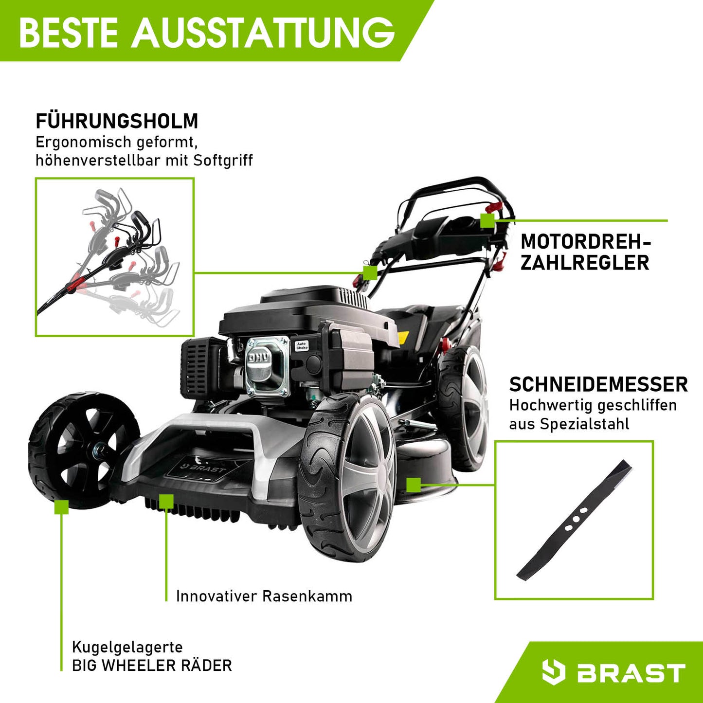 Benzin Rasenmäher mit ergonomischem Führungsholm, Motor-Drehzahlregler, Schneidemesser aus Spezialstahl, kugelgelagerte.
