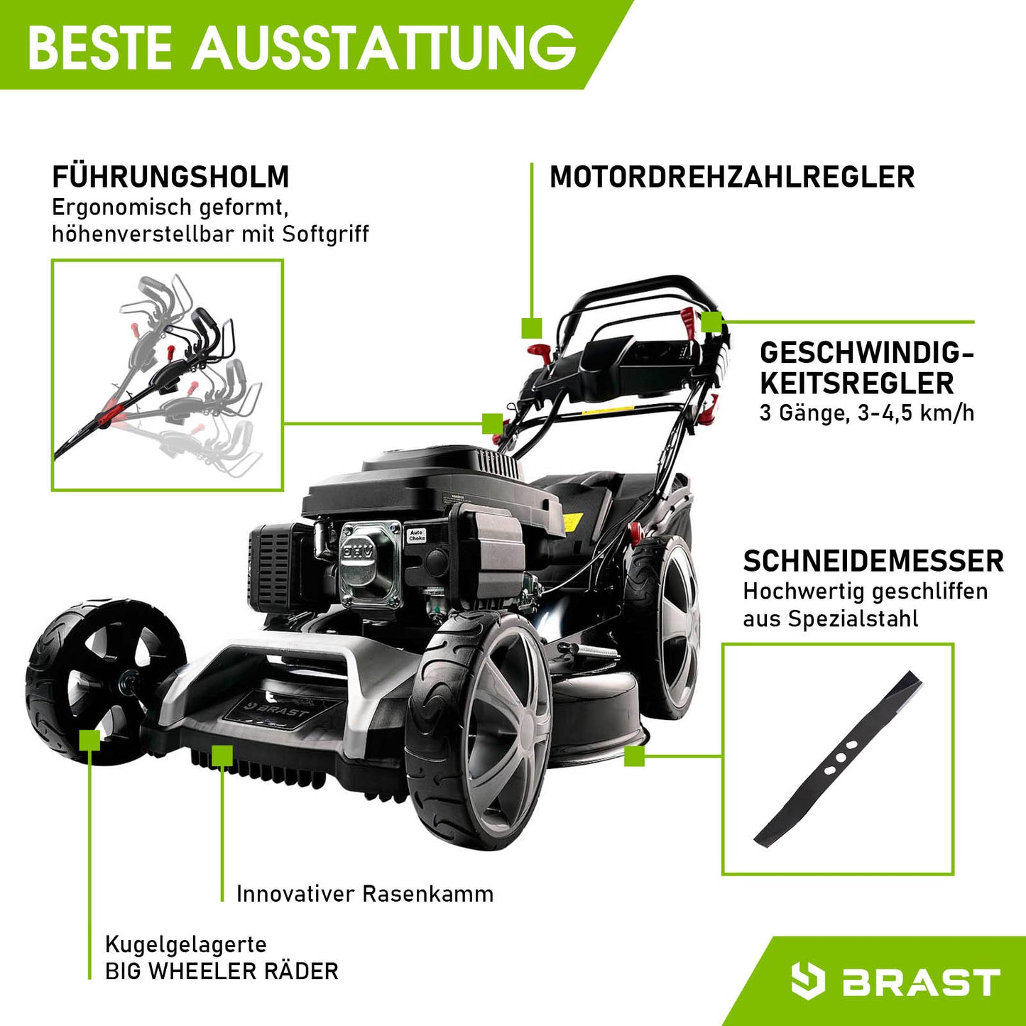 Grüner Benzinrasenmäher mit ergonomischem Führungsholm, Motor, großen Rädern und Seitenauswurffunktion.