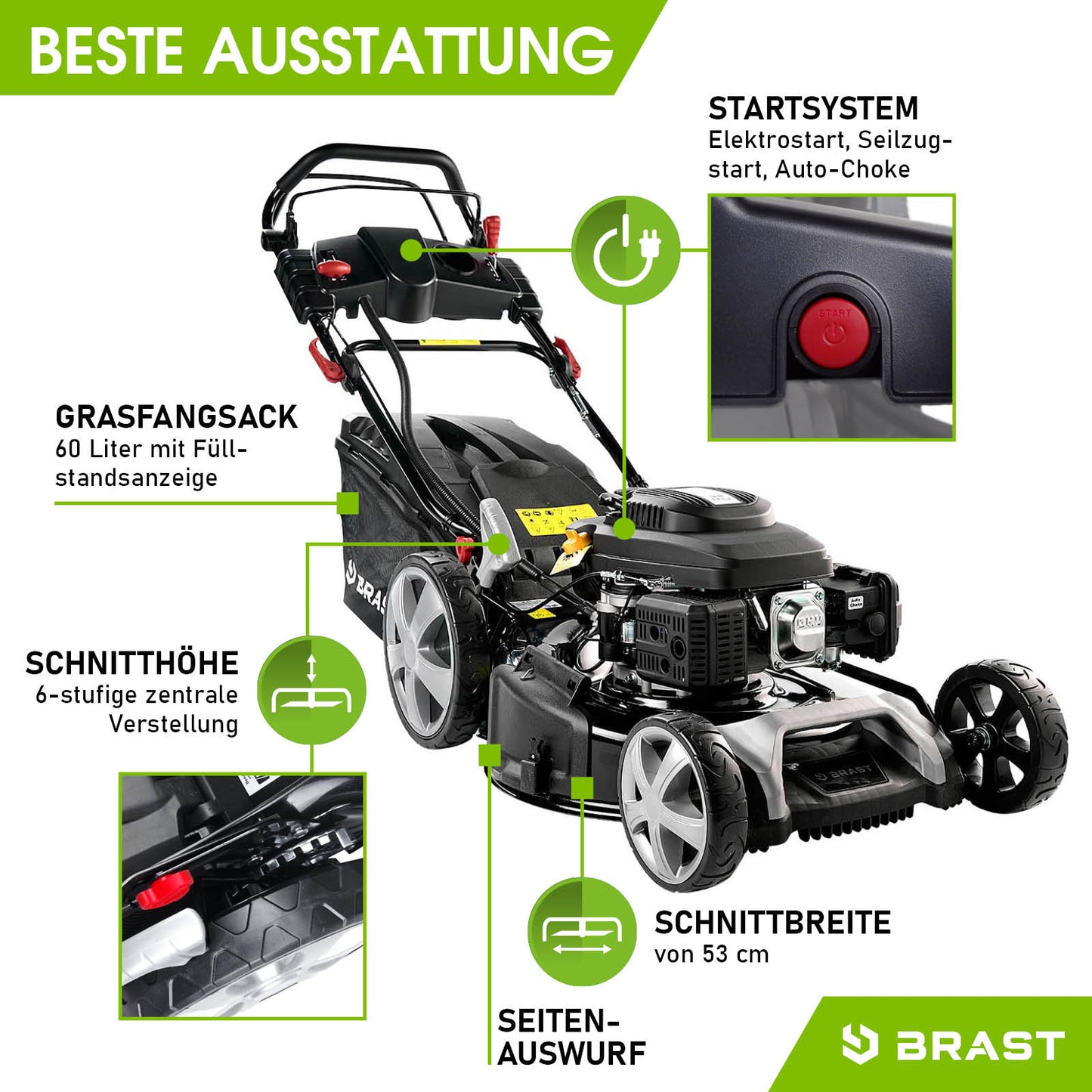 Grüner Benzin-Rasenmäher mit Elektrostart, 60-Liter-Fangsack, 53 cm Schnittbreite und seitlichem Auswurf.