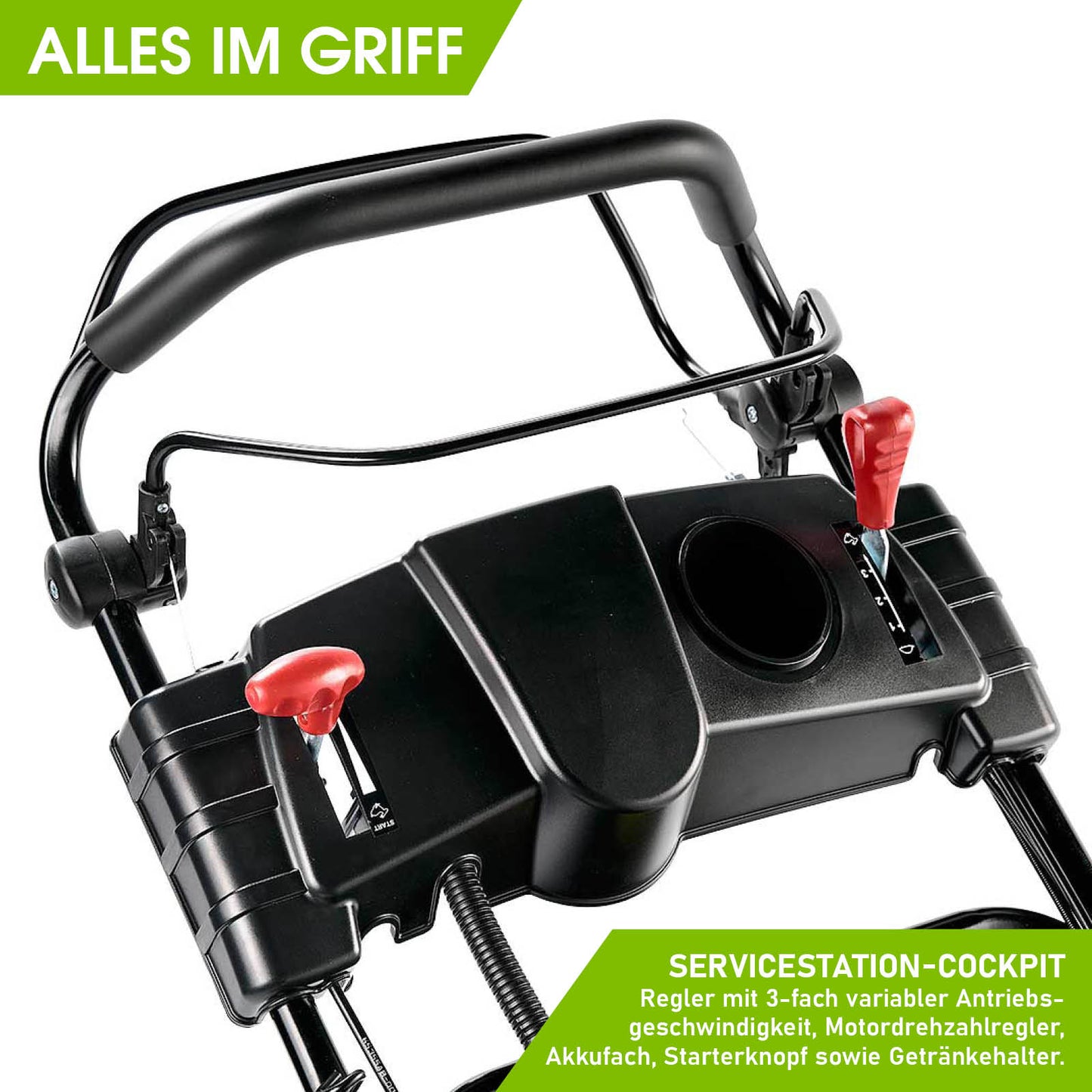 Bedienfeld eines schwarzen Benzin-Rasenmähers mit zwei roten Hebeln und ergonomischem Griff.