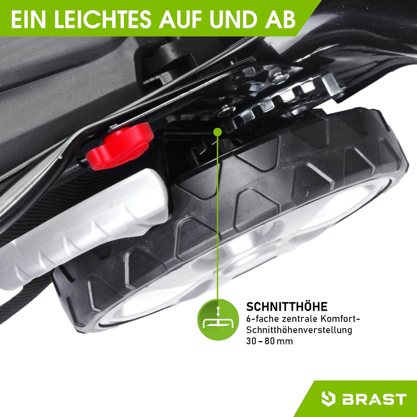 Schwarzes Rasenmäher-Rad mit sechsfache verstellbarer Schnitthöhe von 30 bis 80 mm und rotem Hebel.