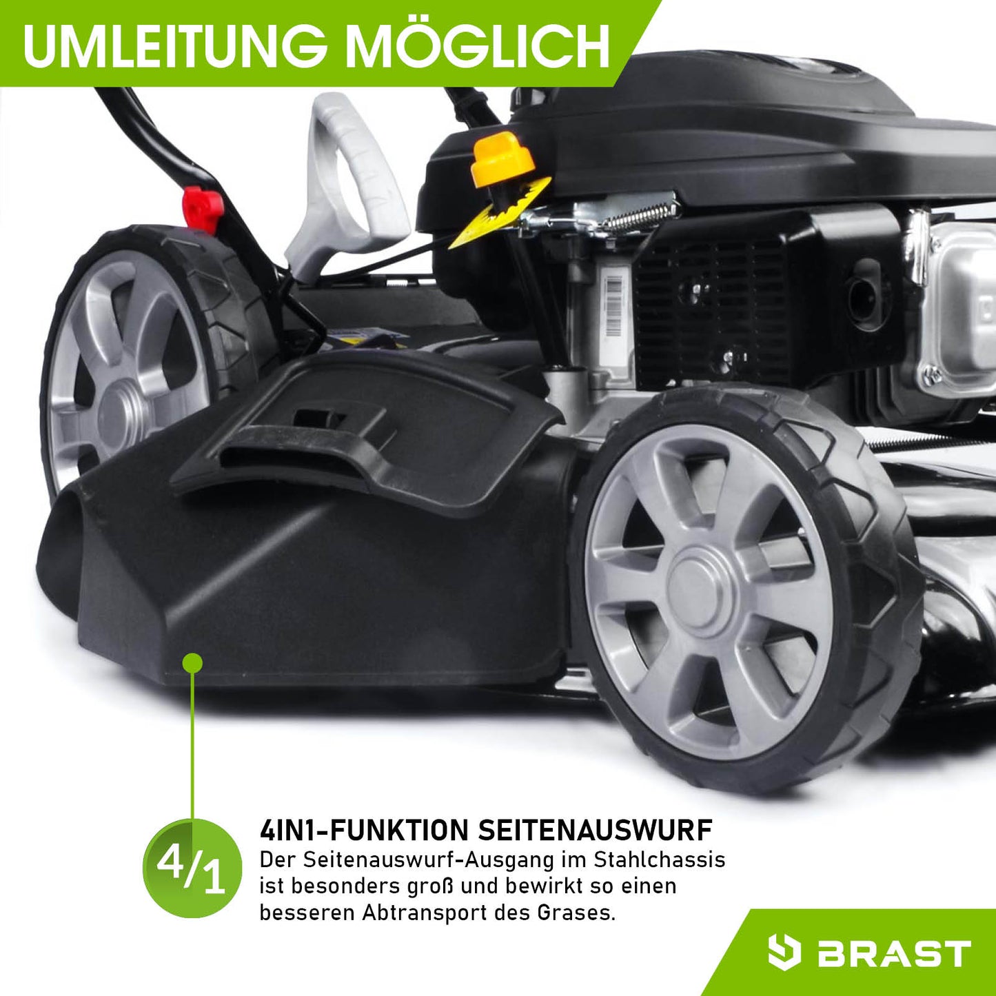 Schwarzer Benzin-Rasenmäher mit großem Heckfangkorb und seitlichem Auswurf, silberne Räder mit Profil.