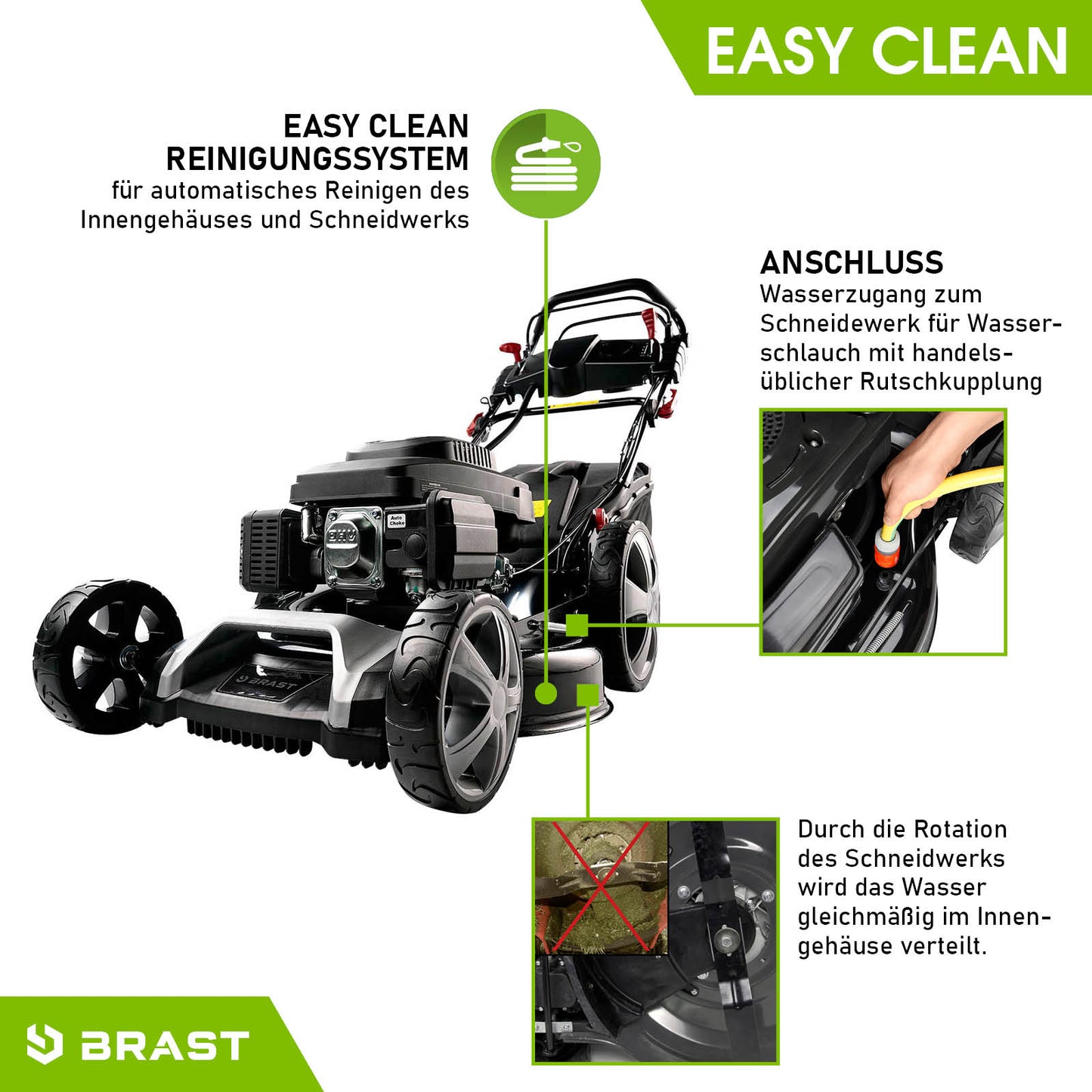Schwarzer Benzin Rasenmäher mit großem Fangkorb und Easy Clean Reinigungssystem.