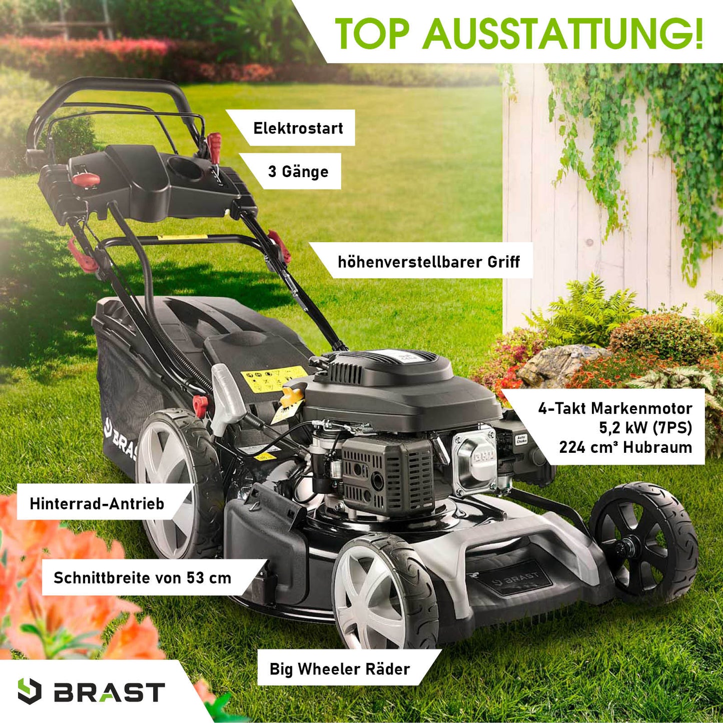 Schwarzer Benzin-Rasenmäher mit Elektrostart, höhenverstellbarem Griff, Hinterradantrieb und Sammelkorb.