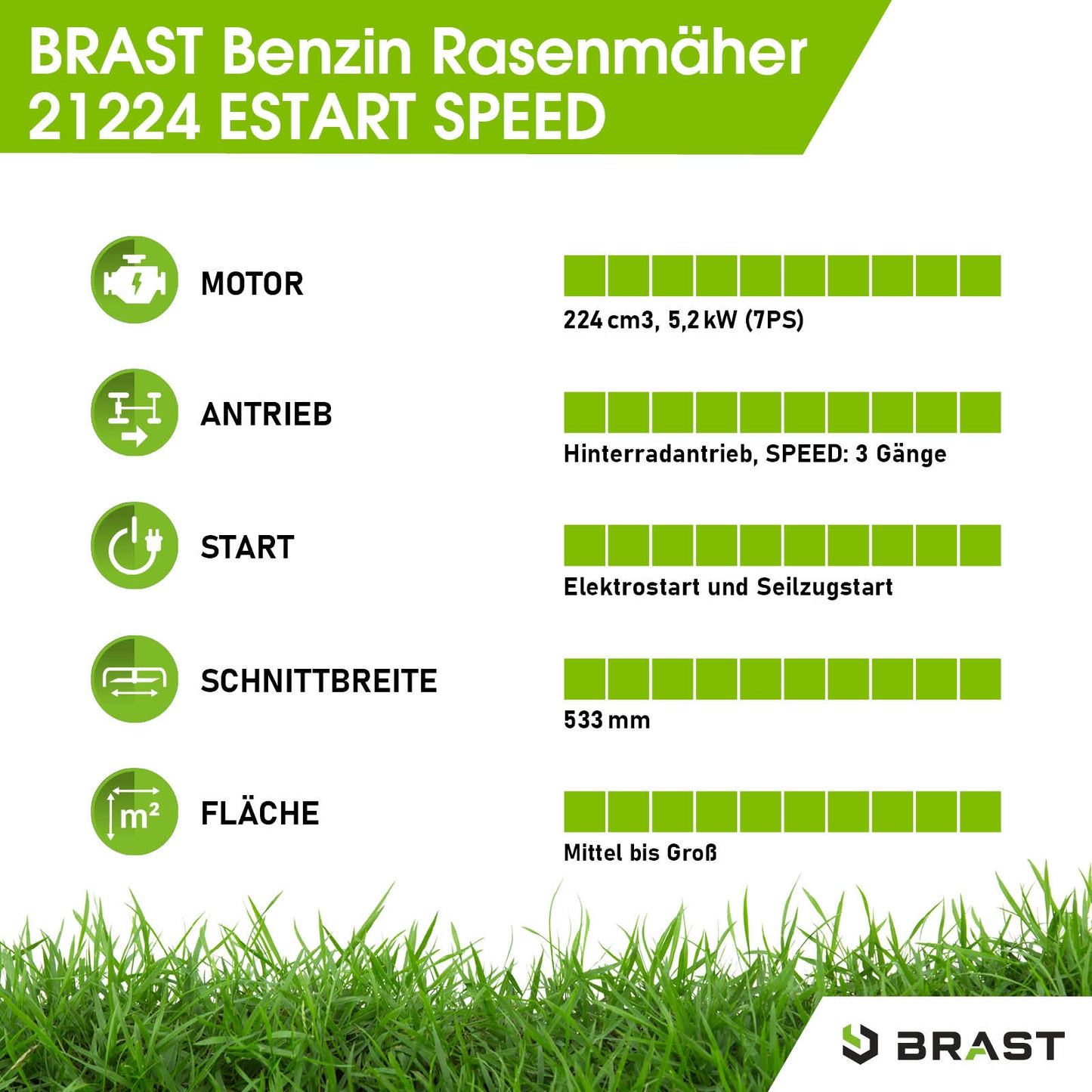 Grüner Benzin-Rasenmäher Brast 21224 ESTART SPEED mit Elektrostart und 53,3 cm Schnittbreite auf Grasboden.