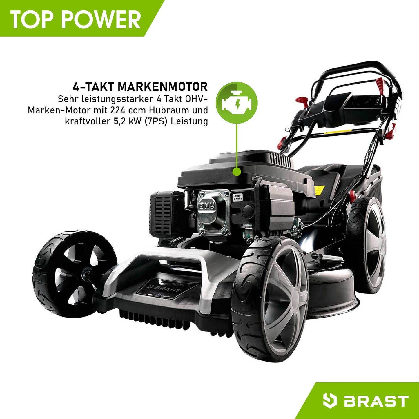 Schwarzer Benzin-Rasenmäher mit großem Hinterradantrieb, Elektrostart und ergonomischem Griff.