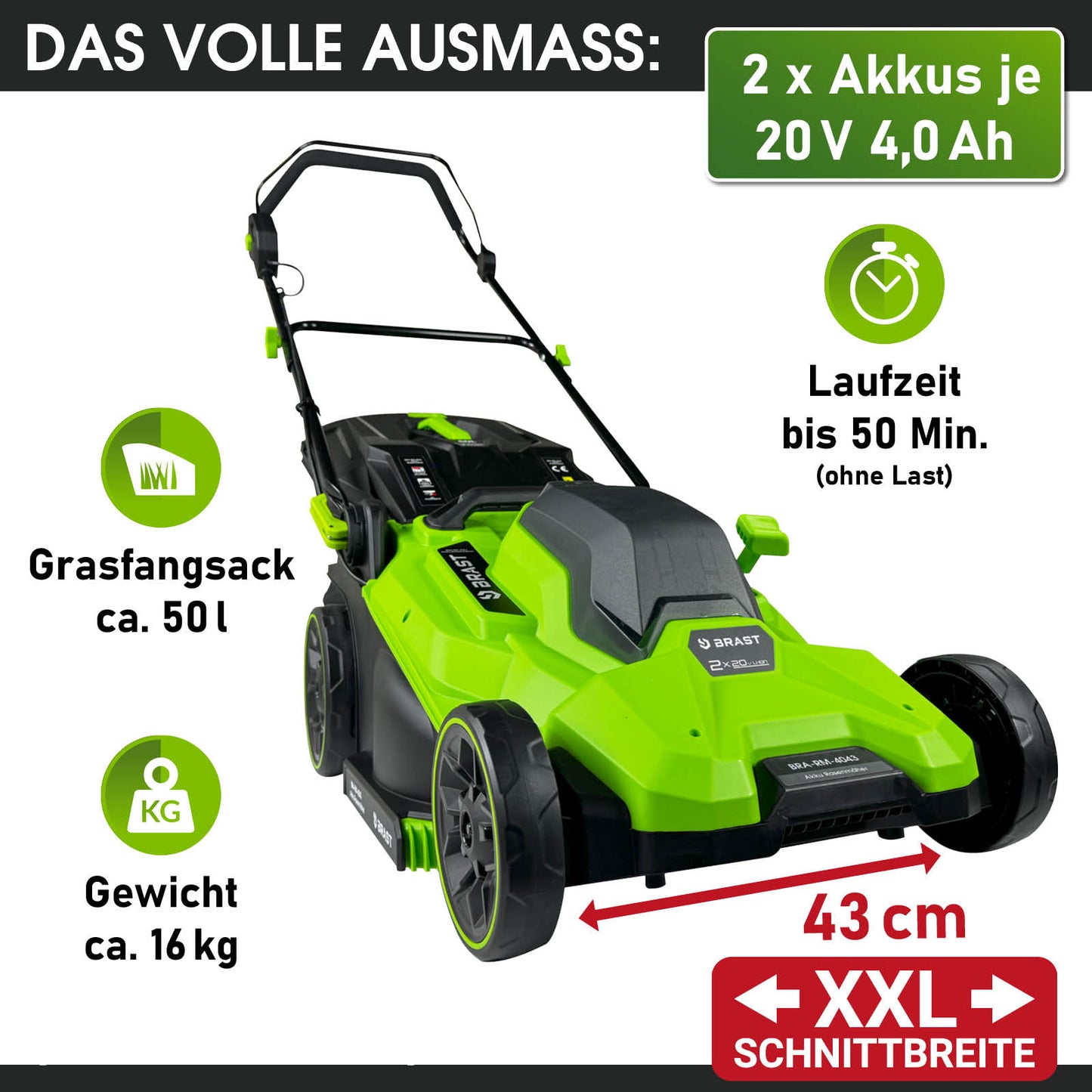 Grüner Akku Mäher mit 43 cm Schnittbreite, 2 Akkus 20V, 50L Grasfangsack, 16 kg Gewicht.