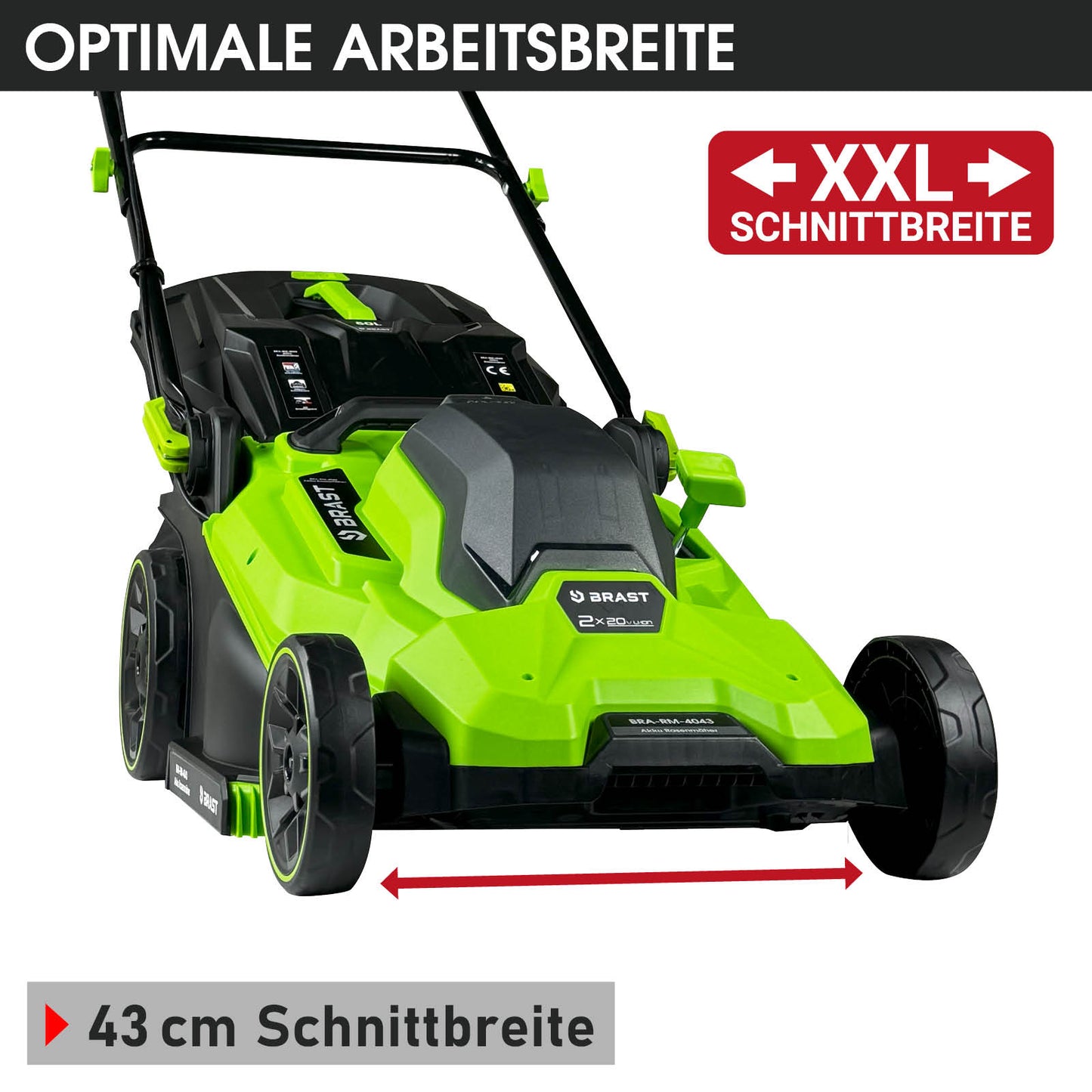 Grüner BRAST Akku Mäher 40V CITY 43 mit XXL 43 cm Schnittbreite und Mulchfunktion.