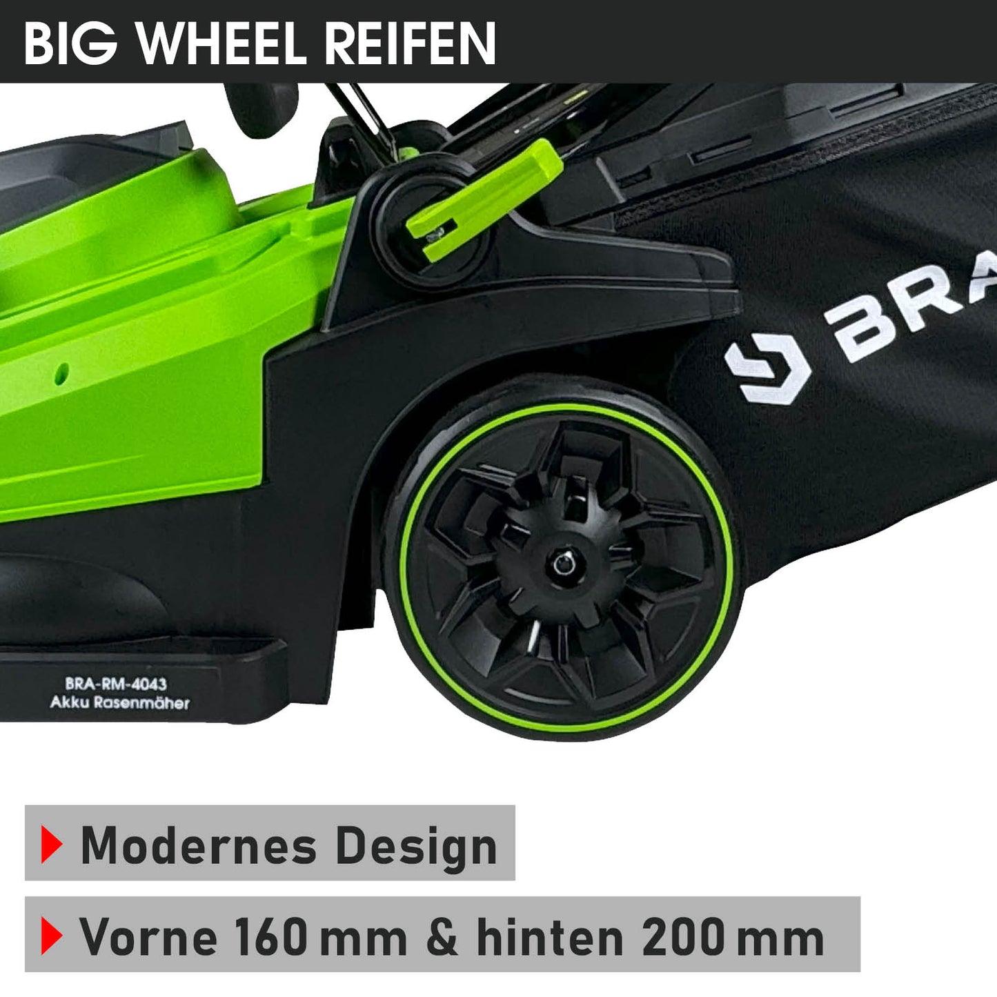 Schwarzer und grüner Akku Mäher mit großen Rädern und modernem Design, Mulchfunktion sichtbar.