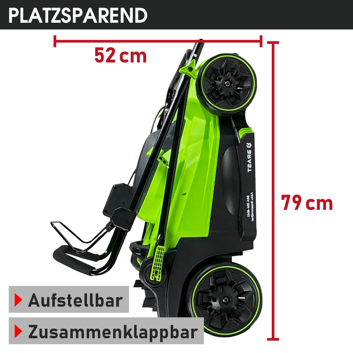 Kompakter grüner und schwarzer Akku Mäher BRAST CITY 43, zusammenklappbar und platzsparend.