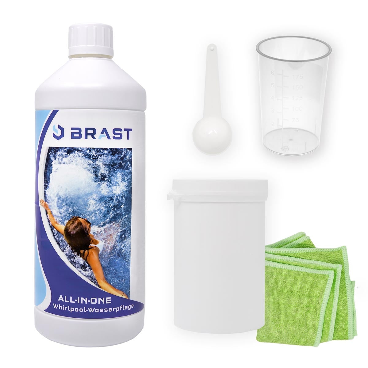 BRAST Wasserpflegeset 5-teilig mit All-in-One Flüssigkeit, Dosierlöffel, Messbecher, Aufbewahrungsdose und Reinigungstüchern .