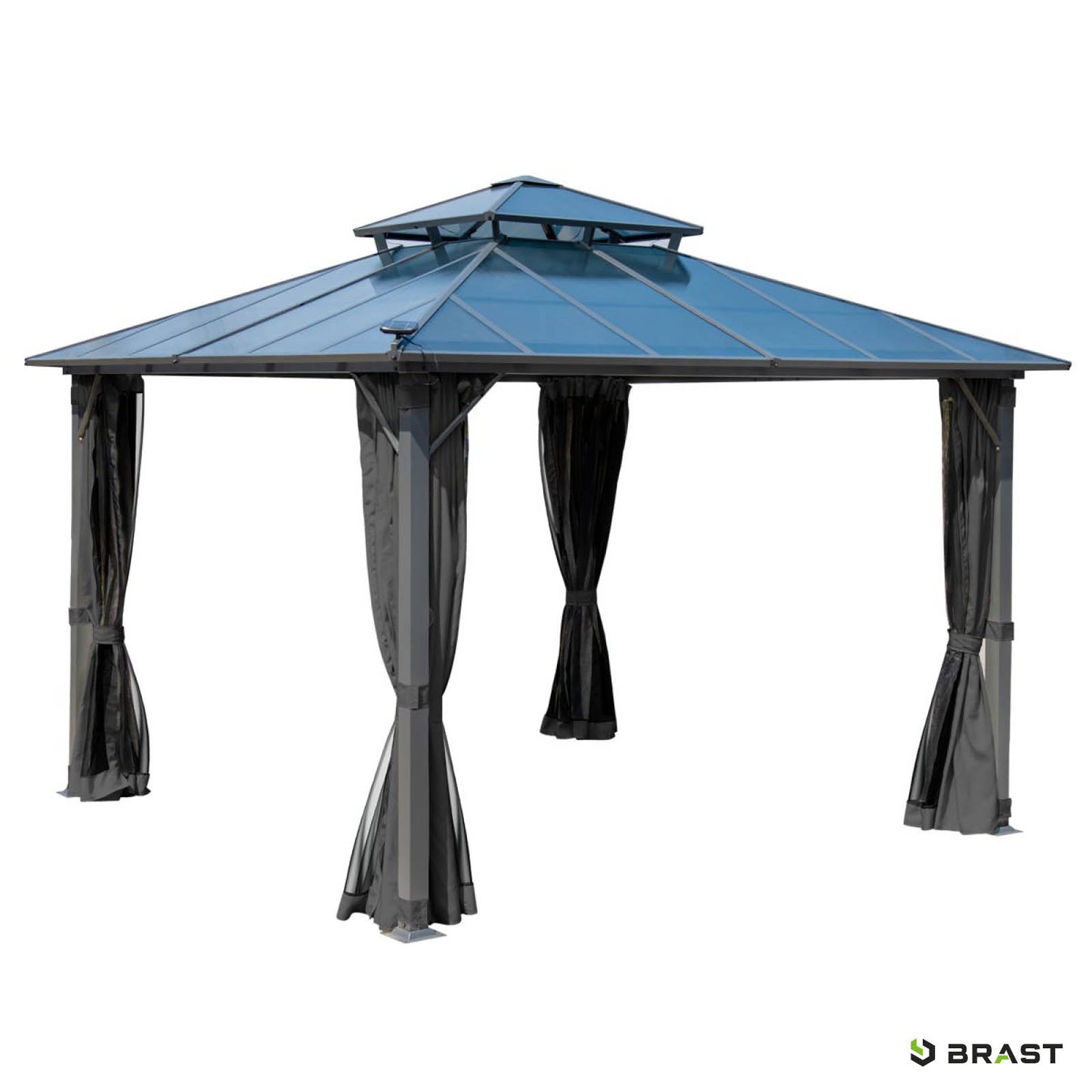 Dunkelgrauer Alu Gartenpavillon 3,5x3,5m mit Moskitonetz, LED, sturmfest, wasserdicht, winterfest, stabil, ganzjährig.