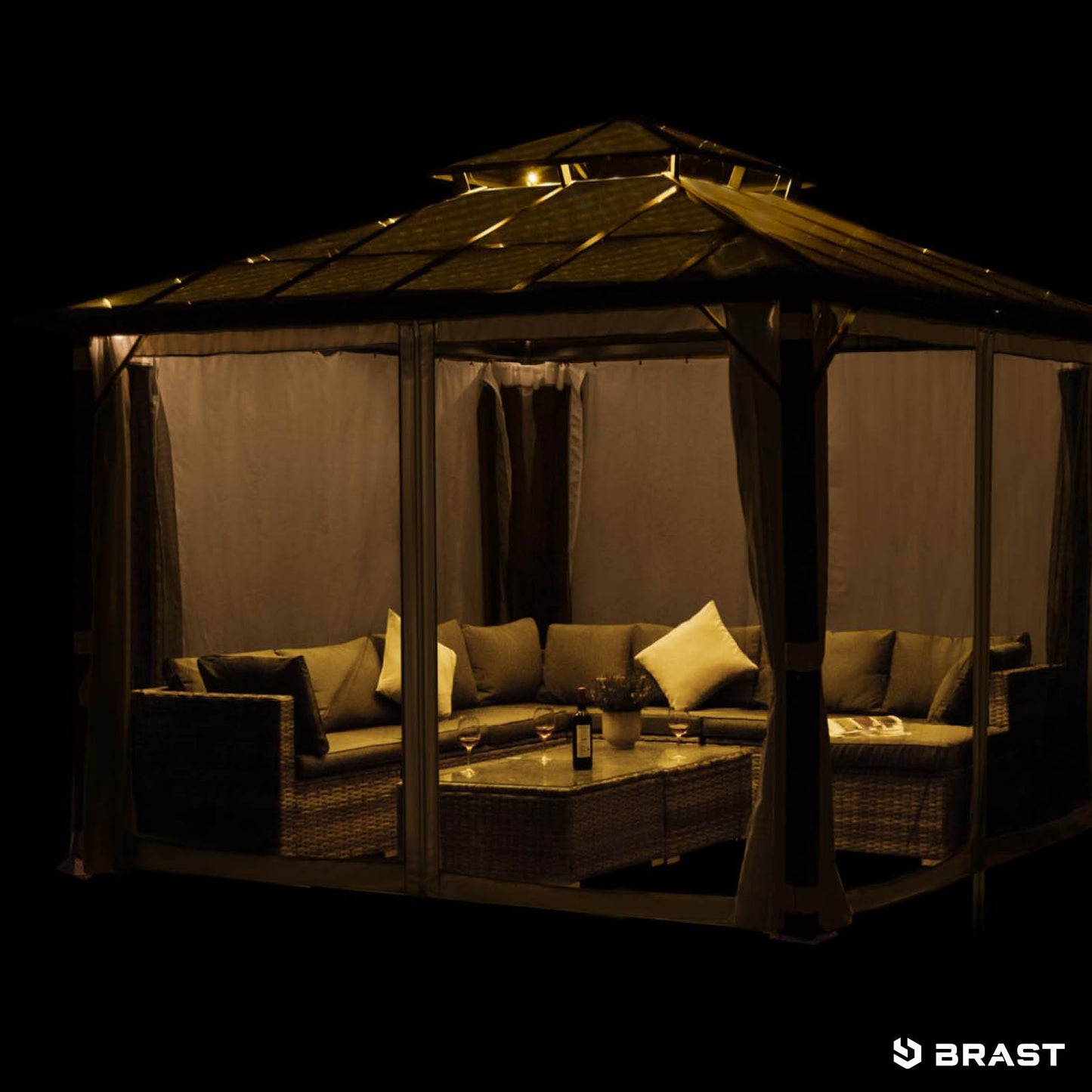 Dunkelgrauer Alu Gartenpavillon 3,5x3,5m mit Moskitonetz, LED-Beleuchtung, wetterfest und stabil, ganzjährig nutzbar.