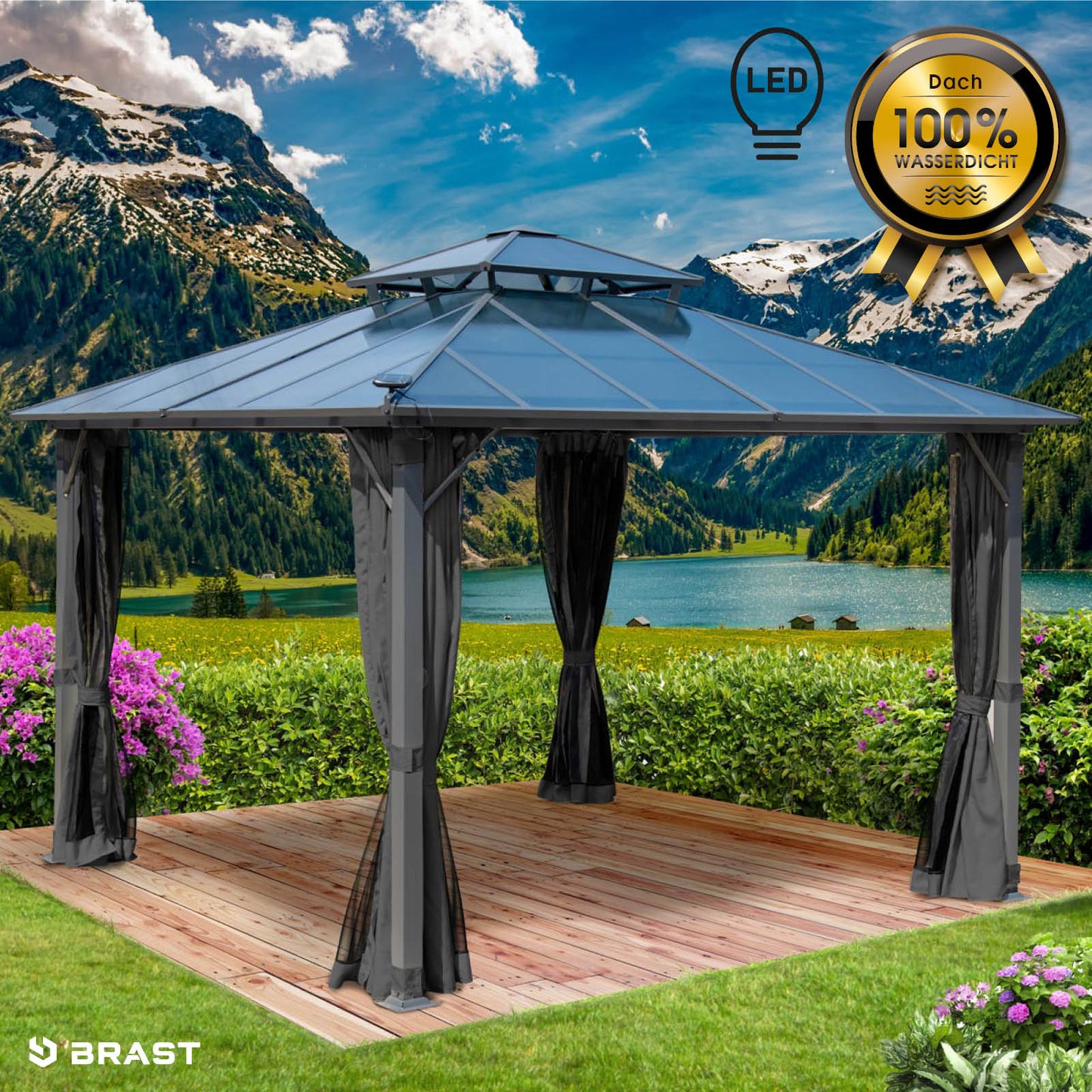 Dunkelgrauer Alu Gartenpavillon 3,5x3,5m mit Moskitonetz, LED-Beleuchtung, wasserdicht stabil winterfest.