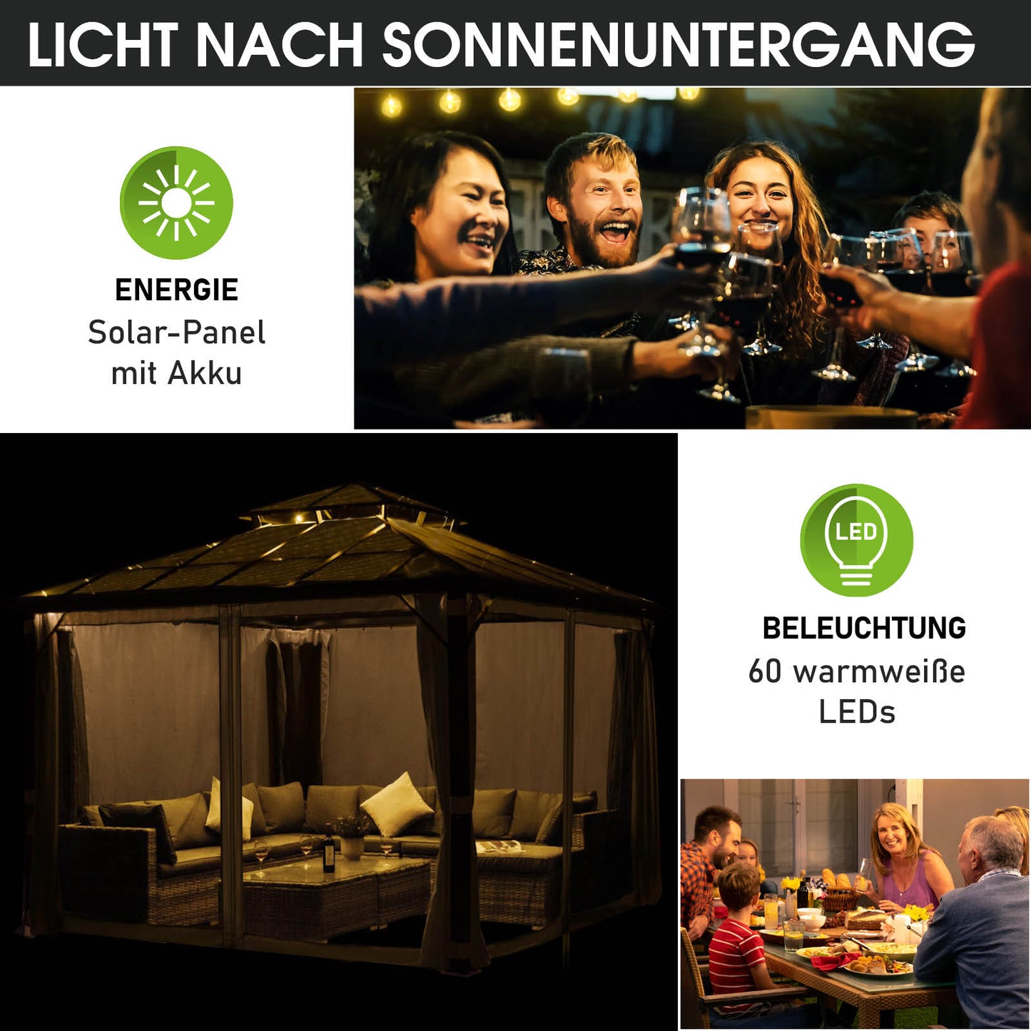 Dunkelgrauer Alu Gartenpavillon 3,5x3,5m mit Moskitonetz, LED-Beleuchtung, sturmfest, winterfest, wasserdicht.