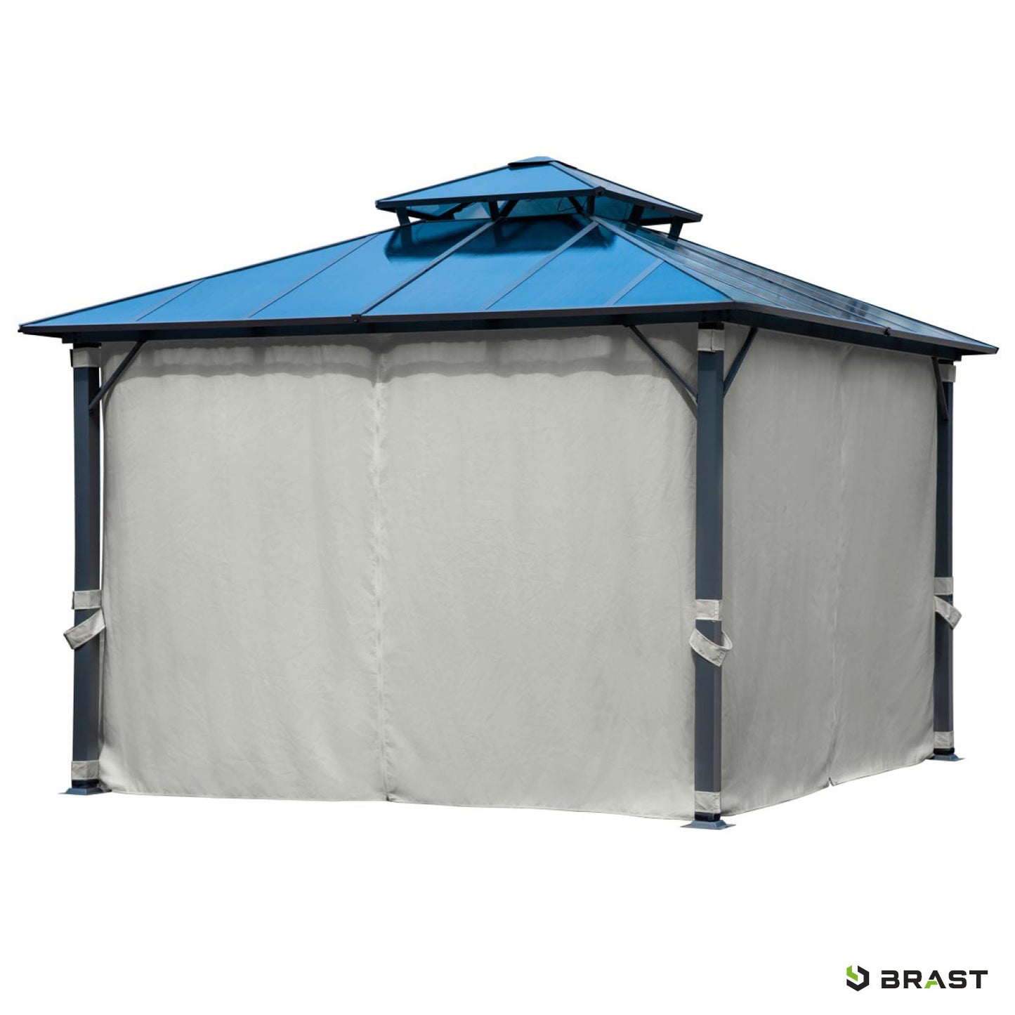Hellgrauer Alu Gartenvierkantpavillon 3,5x3,5m mit blauem Dach und Moskitonetz, wasserdicht stabil winterfest.