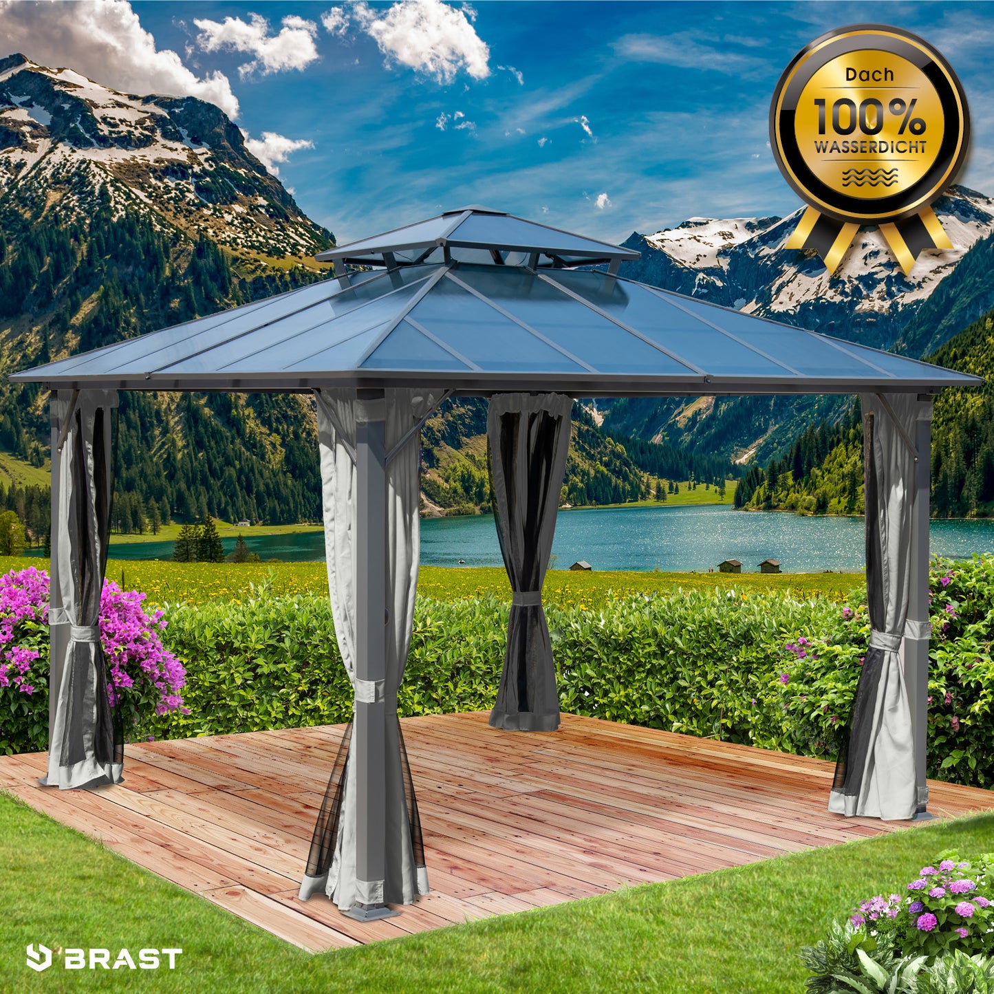 Hellgrauer Alu Gartenpavillon 3,5x3,5m mit Moskitonetz, wasserdicht, stabil, sturmfest und winterfest, ganzjährig nutzbar.