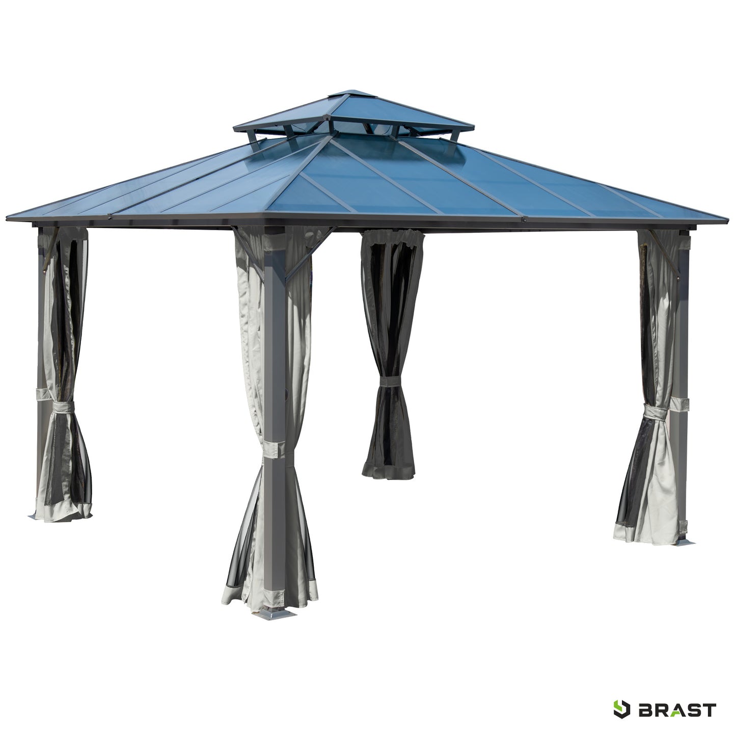 Hellgrauer Alu Gartenpavillon 3,5x3,5m mit Moskitonetz, wasserdicht, sturm- und winterfest, stabil ganzjährig nutzbar.