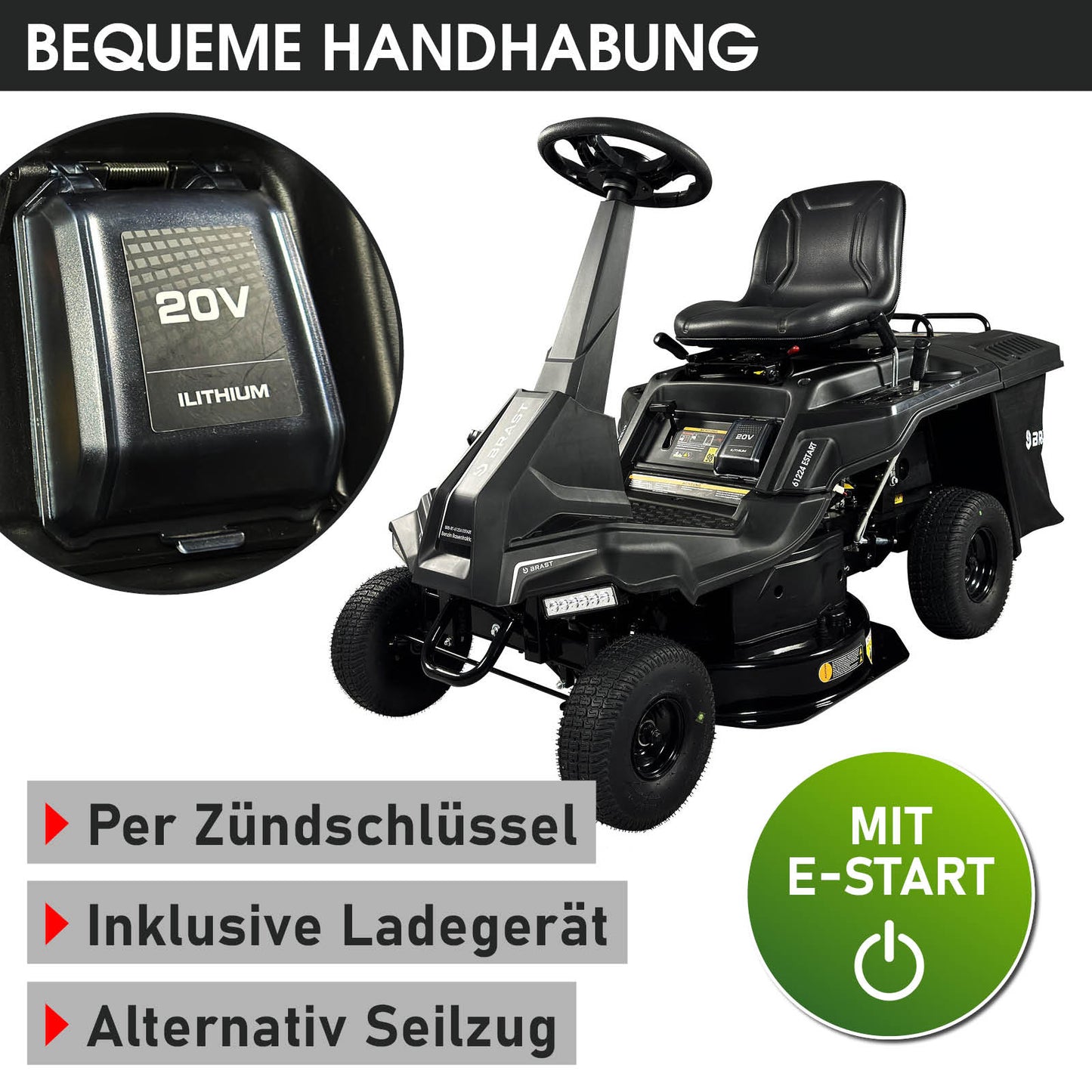 Schwarzer BRAST Aufsitzmäher mit Estart, XXL Schnittbreite, 7PS, bequemer Sitz und Steuergriff.
