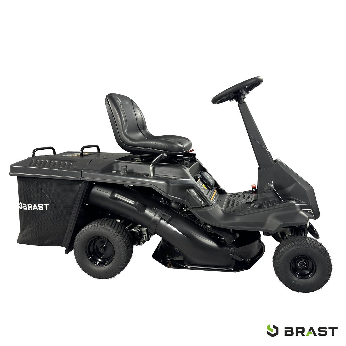 Schwarzer BRAST Aufsitzmäher mit ESTART, XXL Schnittbreite, 7PS Motor und Fangkorb.