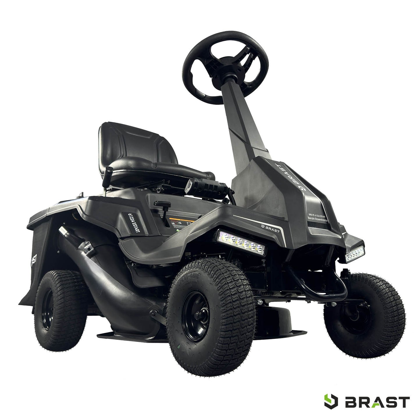 Schwarzer BRAST Aufsitzmäher mit Estart, XXL Schnittbreite und 7PS Motor, komfortabler Sitz.