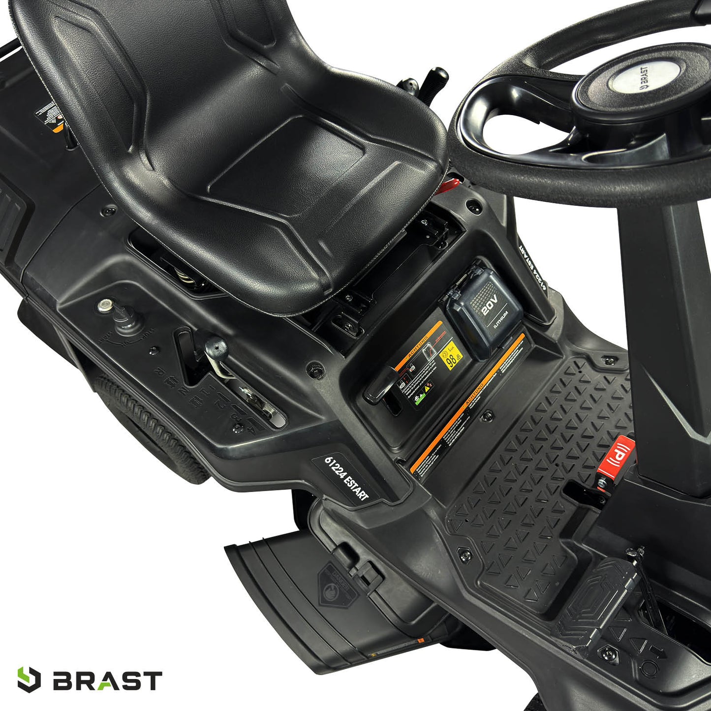 Schwarzer BRAST Aufsitzmäher mit Estart, ergonomischem Sitz und XXL Schnittbreite, 7PS Motorsteuerung.
