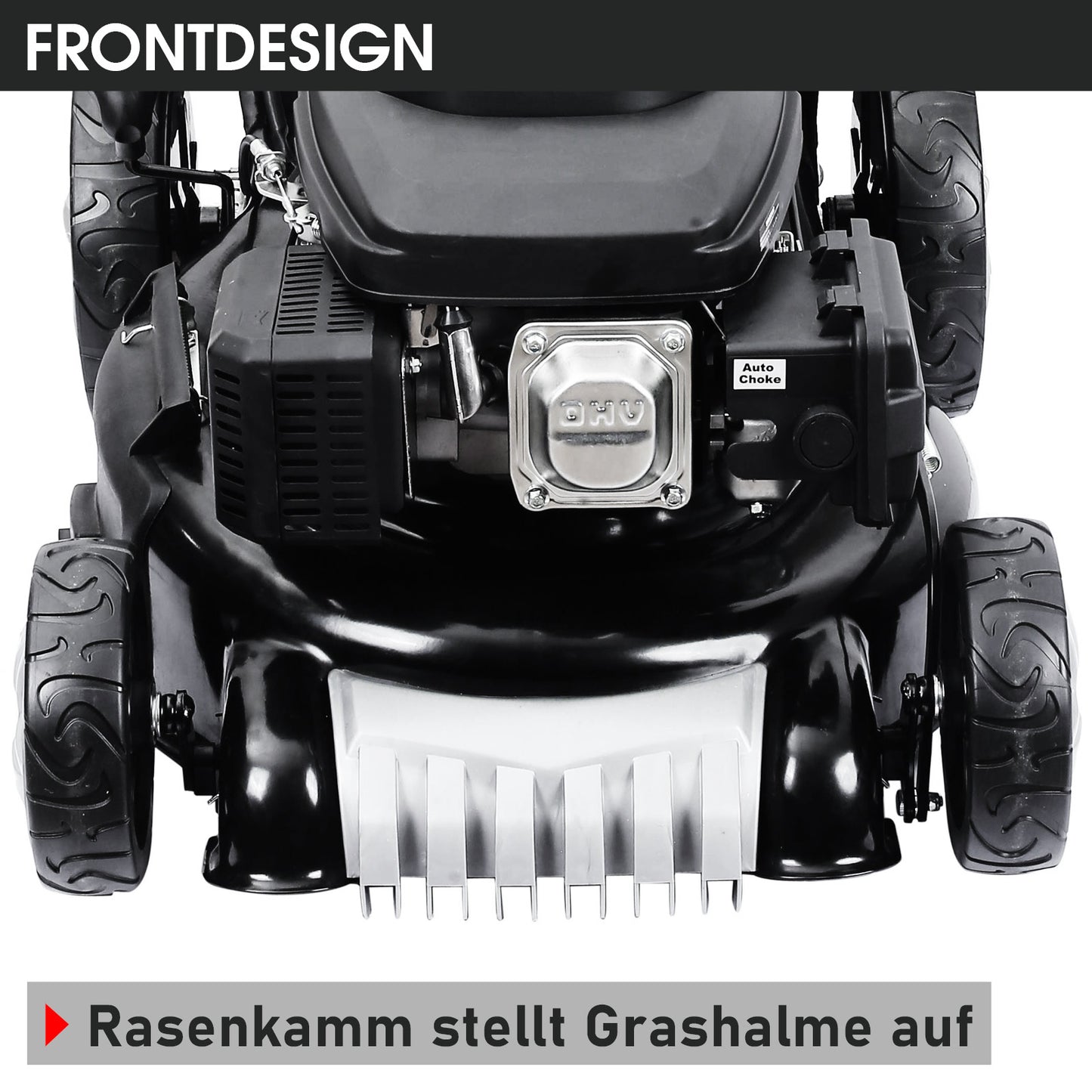 Schwarzer BRAST Benzin-Rasenmäher mit großem Metall-Rasenkamm und robusten Profilreifen.