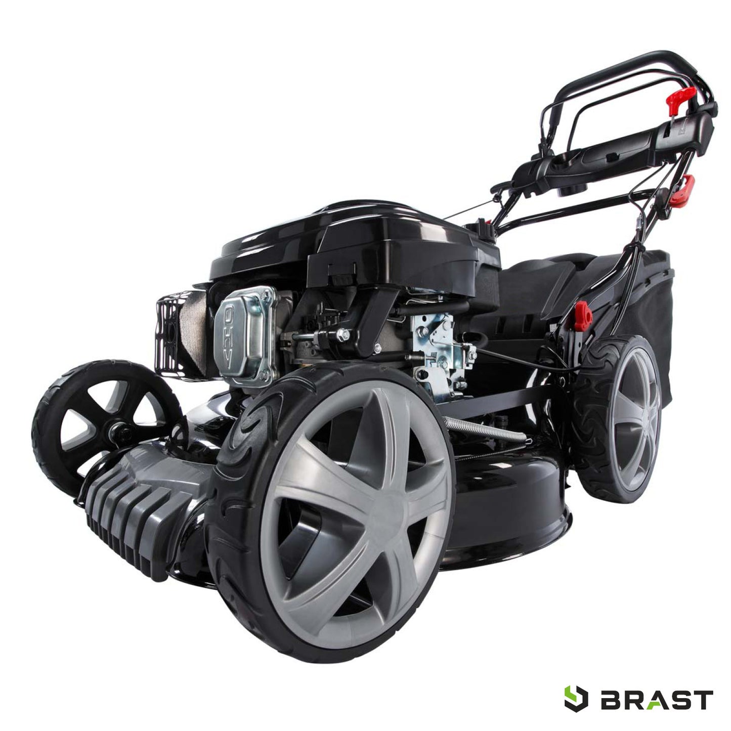 Schwarzer Benzin-Rasenmäher Brast 19224 mit 19 Zoll Rädern und Mulchfunktion, 7 PS Motor, Antrieb und Grasfangkorb.