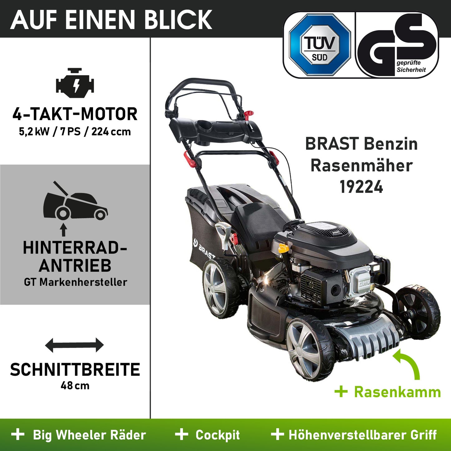 Schwarzer Benzin-Rasenmäher mit 4-Takt-Motor, Hinterradantrieb und 48 cm Schnittbreite.