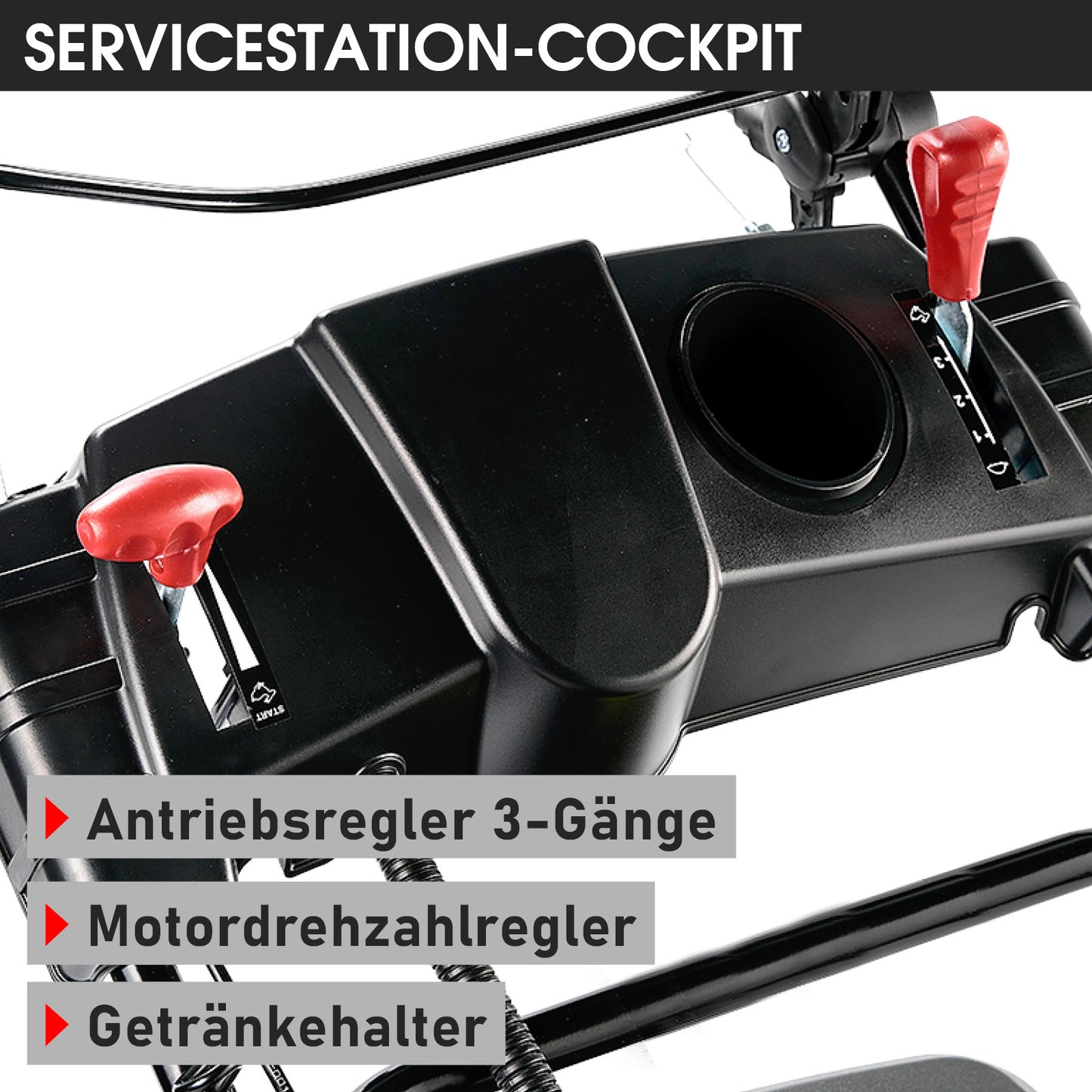 Lenkarm mit rotem 3-Gang-Antriebsregler, Motordrehzahlreglerhebel und Getränkebecherhalter.