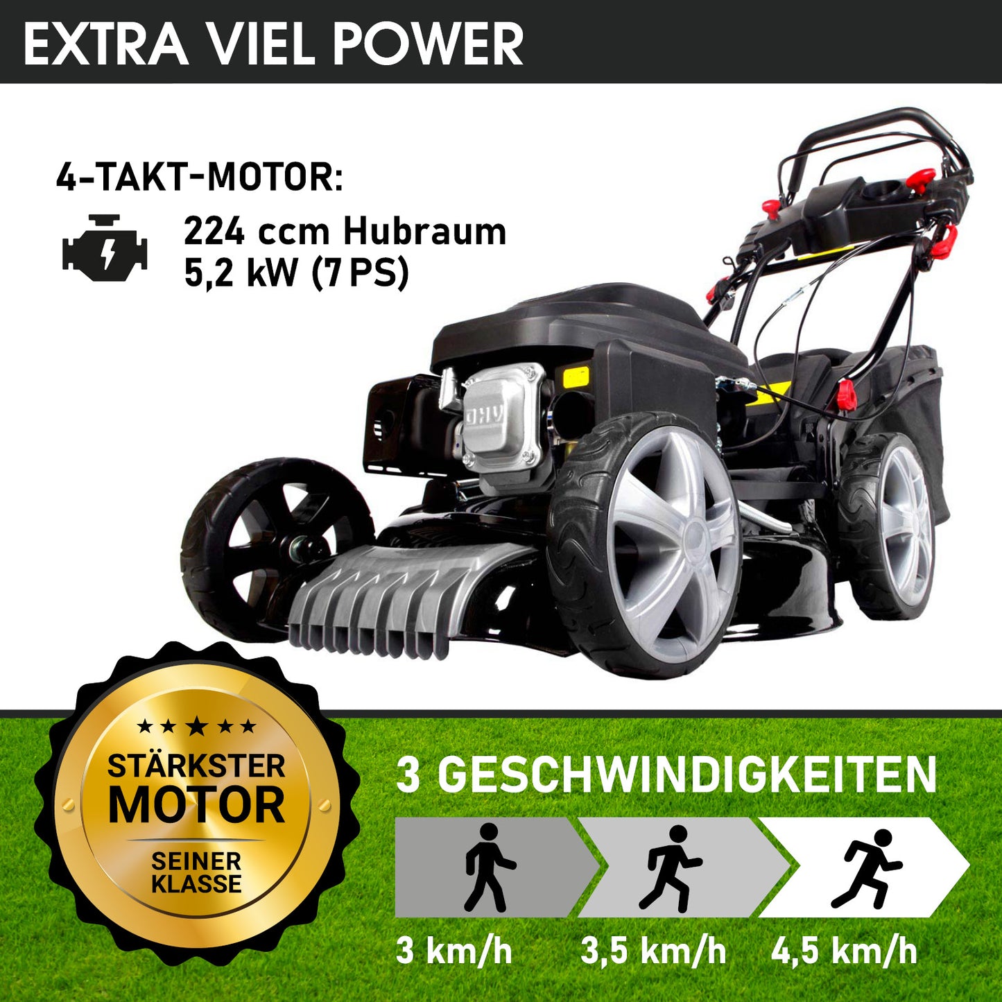 Benzin Rasenmäher mit 4-Takt-Motor, 224 ccm, 7 PS, 3 Geschwindigkeiten, großer Griff, Stoßfänger vorne.