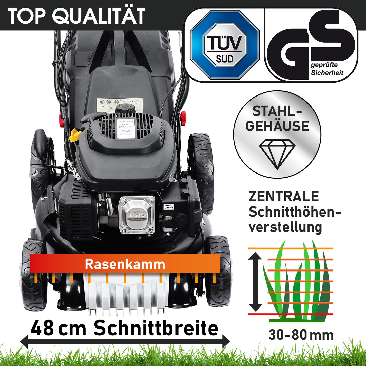Schwarzer Benzin-Rasenmäher mit 48 cm Schnittbreite und zentraler Schnitthöhenverstellung von 30-80 mm.
