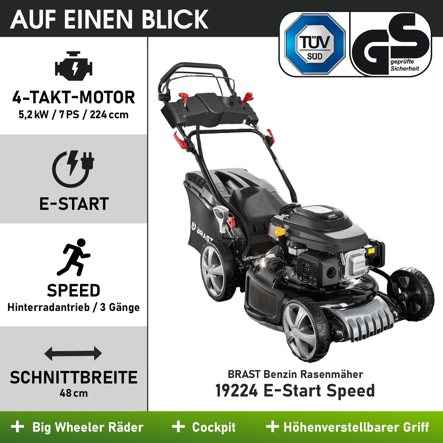 Schwarzer BRAST Benzin-Rasenmäher mit 48 cm Schnittbreite, E-Start, 7 PS Motor, Speed-Hinterradantrieb und Mulchfunktion.