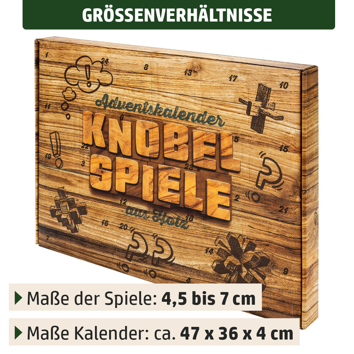 Adventskalender mit Knobelspielen aus Holz mit einem Gesamtmaß von 47x36x4cm
