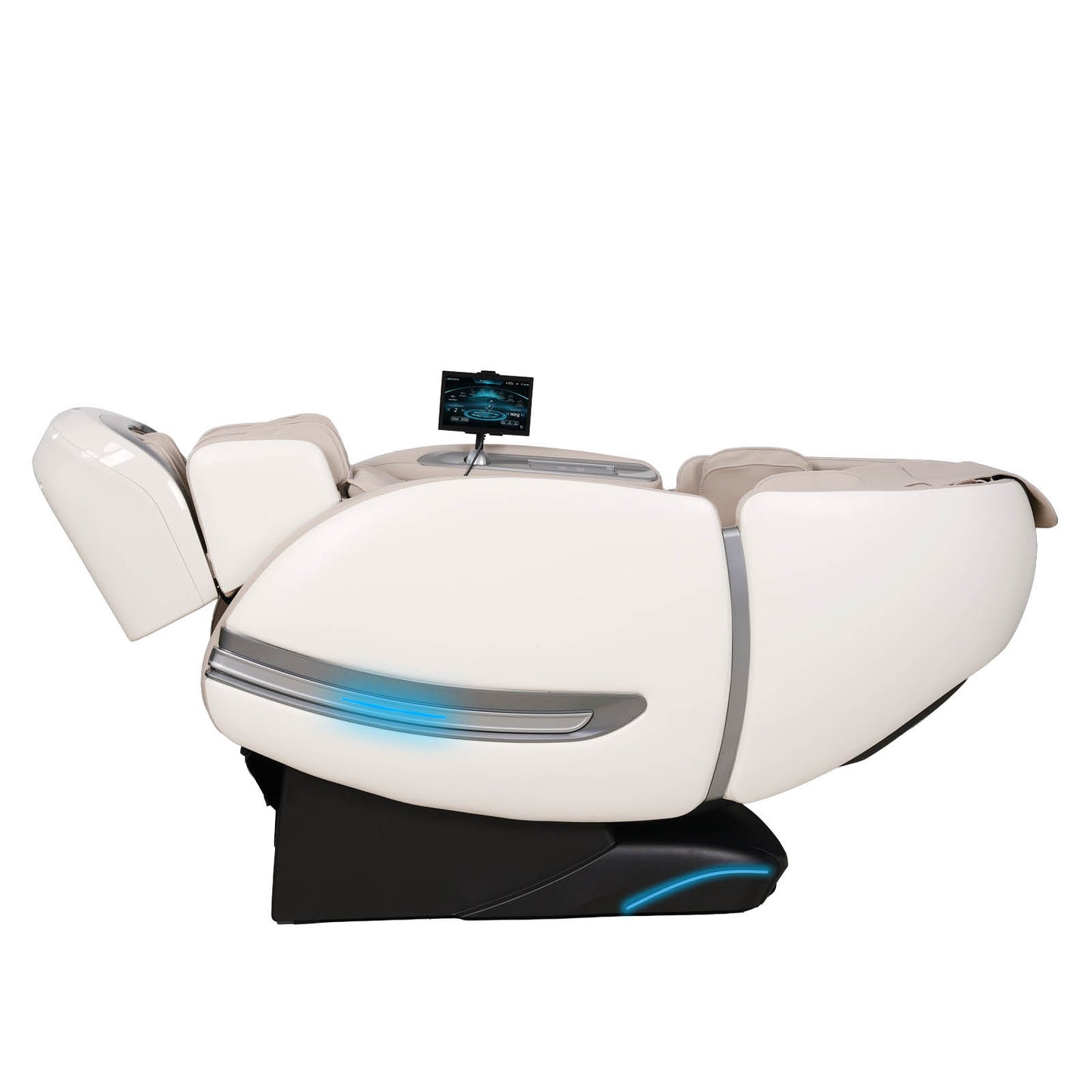 Weißer Massagesessel mit glatten Konturen, schwarzer Basis, integrierter Steuerung und blauer LED-Beleuchtung.