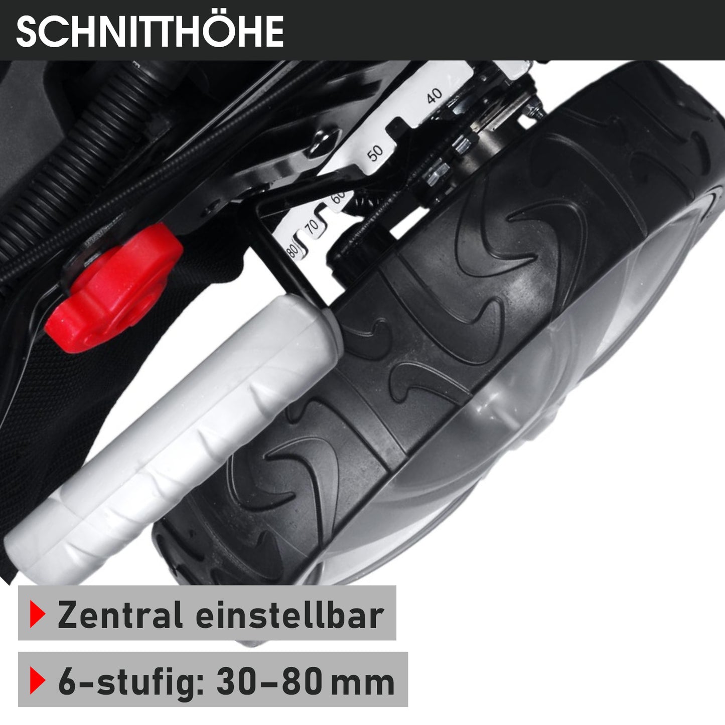 Nahaufnahme des schwarzen Benzin-Rasenmäherschlauchs und großen Profilreifens mit zentral einstellbarer 6-stufiger.